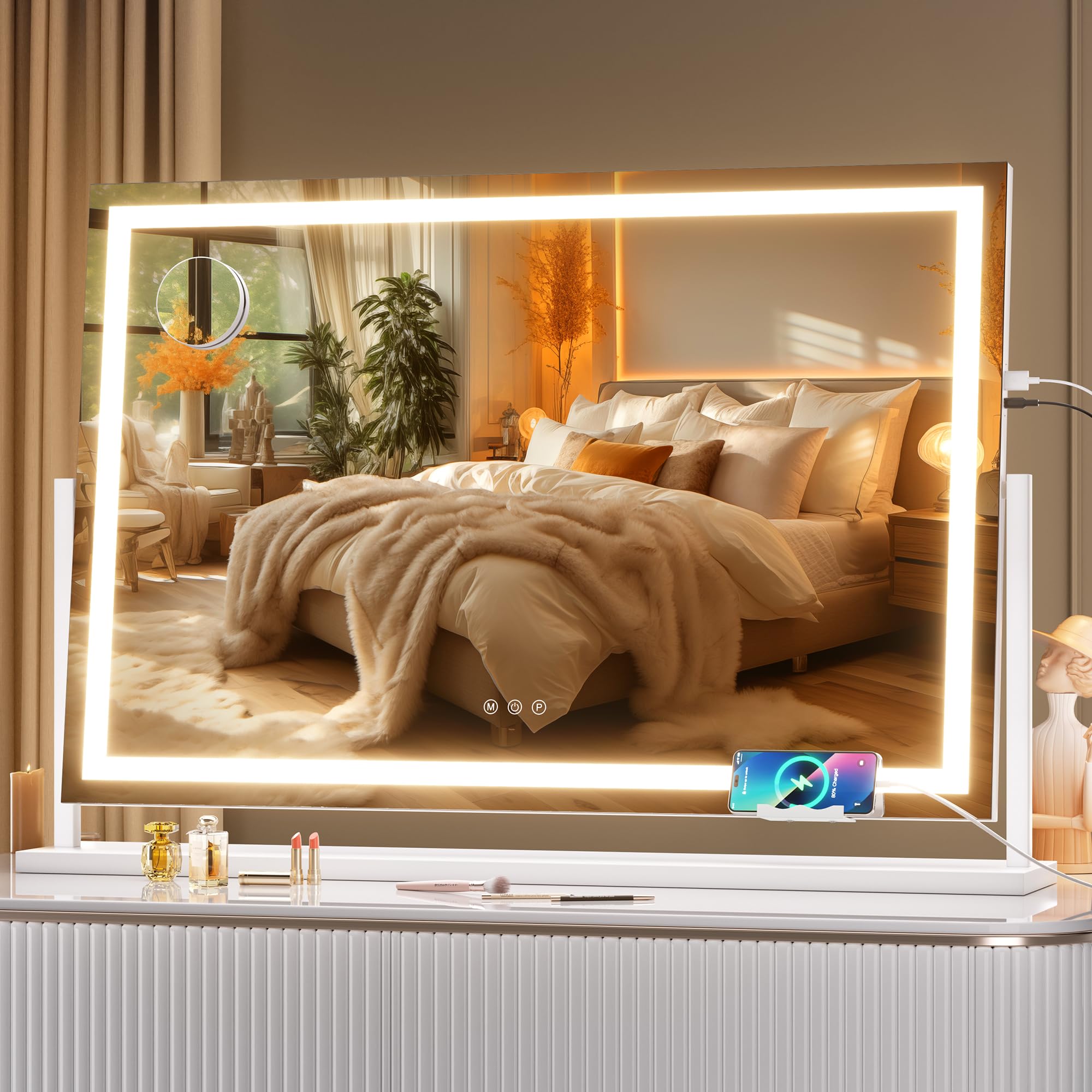 Hasipu Vanity Mirror With Lights, 36'' X 24'' Led Makeup Mirror, Light Up Mirror With 10X Magnification And Phone Holder, Usb Ch