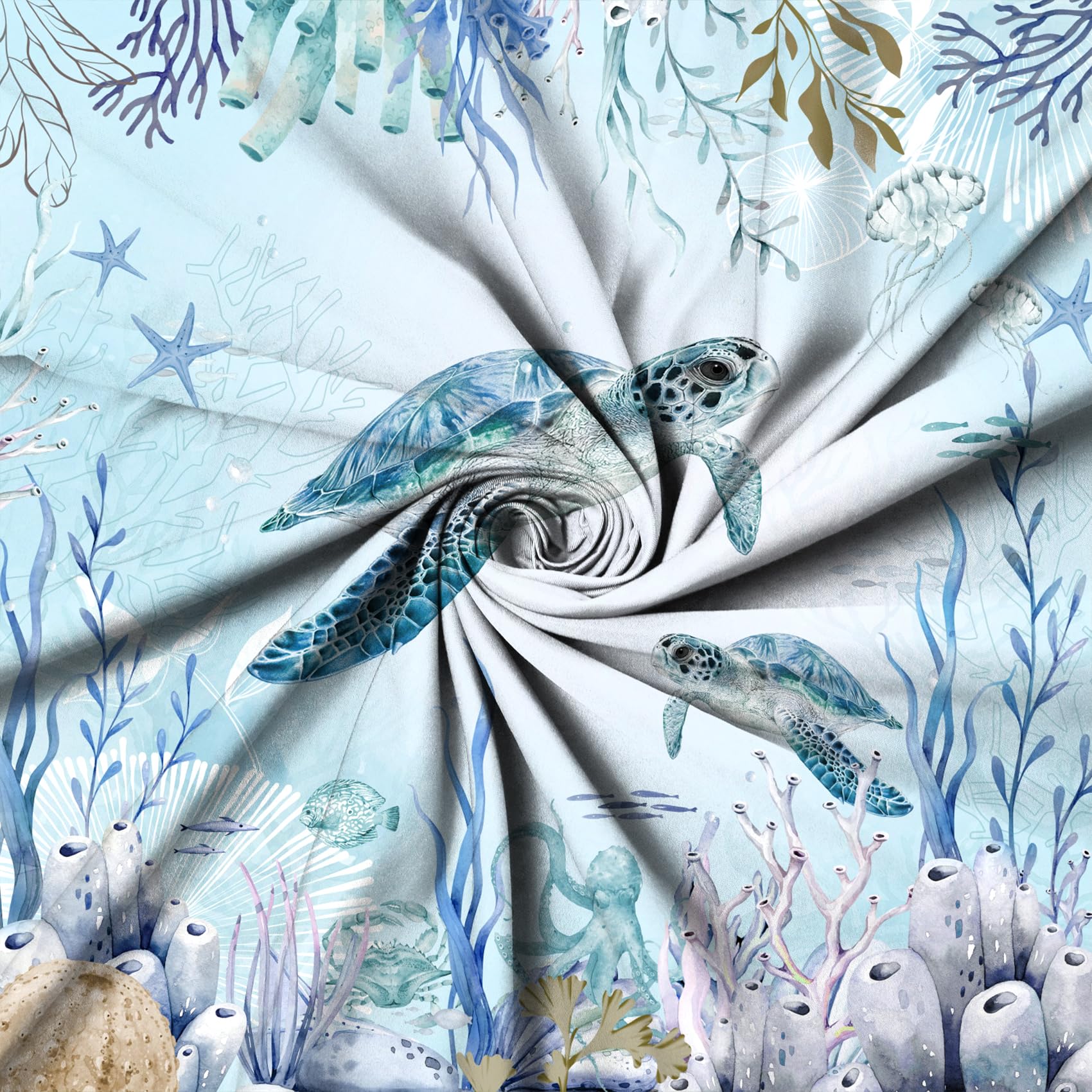 Caheansi Sea Turtle Shower Curtain, Teal Blue Ocean Beach Coastal Turtle Starfish Jellyfish Underwater Creatures Bathroom Curtai