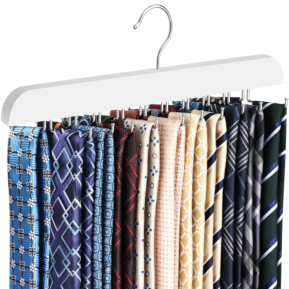 Resovo Upgraded Tie Rack Hanger With 20 Foldable Metal Hooks, Space Saving Necktie Organizer For Men - Large Capacity Tie And Be