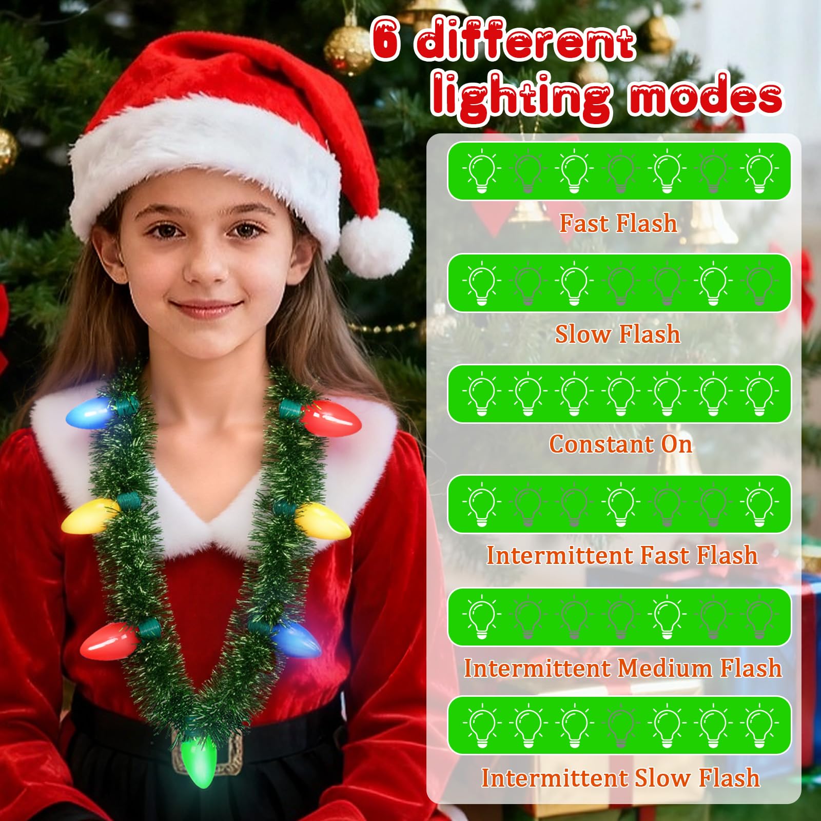NOVWANG 4PCS Light up Tinsel Garland Necklace, 3D Light Xmas Necklace 6 Dynamic Light Modes Colorful Bulbs Glow Candy Cane Chris