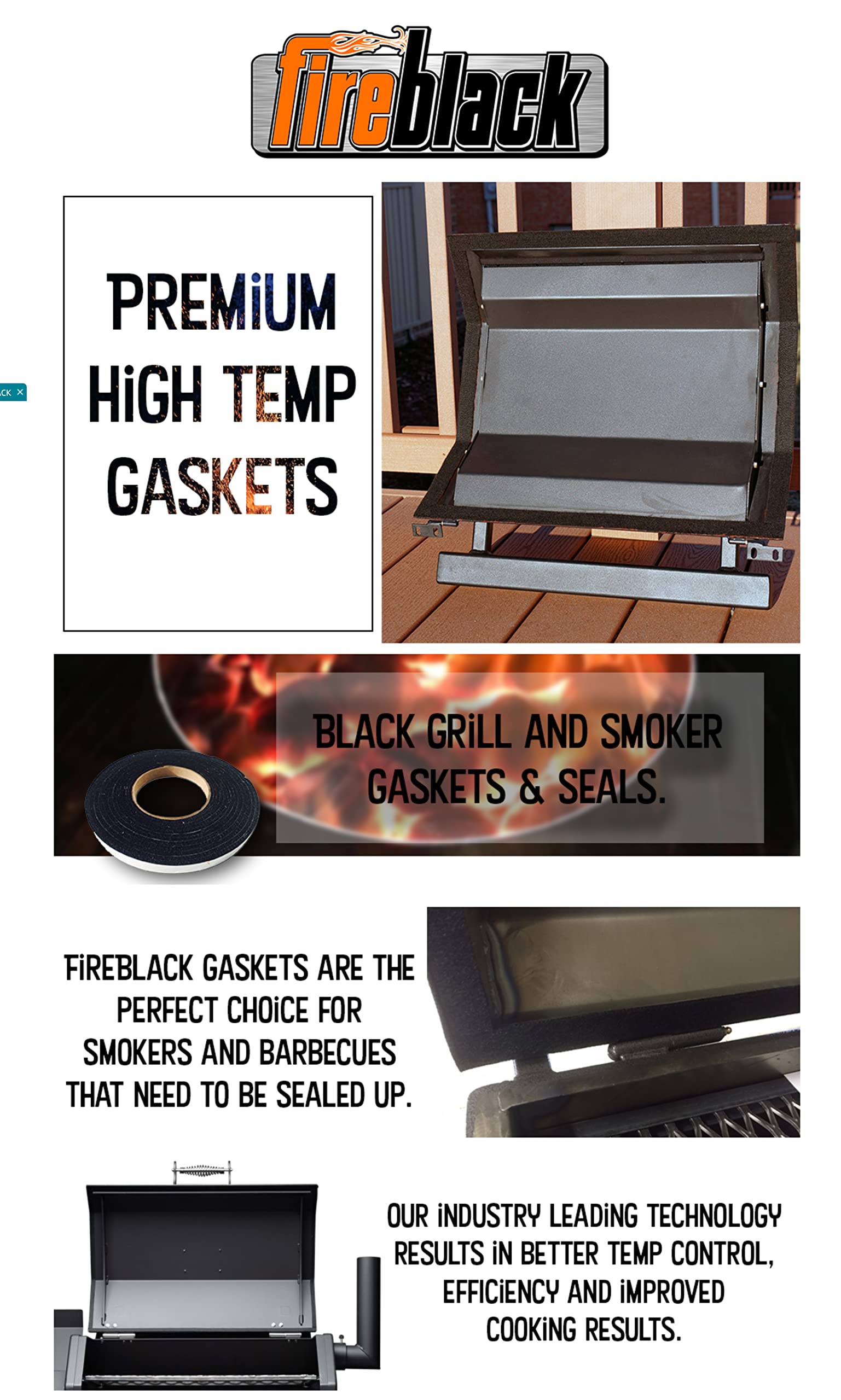 Fireblack Hi Temp BBQ smoker Gasket Self Stick 15 ft High Heat 1/2 x 1/8 Black