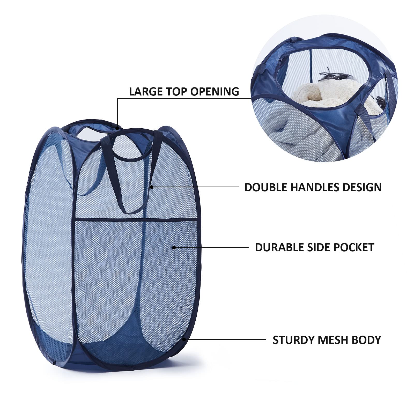 Mesh Pop Up Laundry Hamper with Durable Handles - Portable Collapsible Clothes Baskets for Dorm  Bathroom & Travel (Blue  3 Packs)