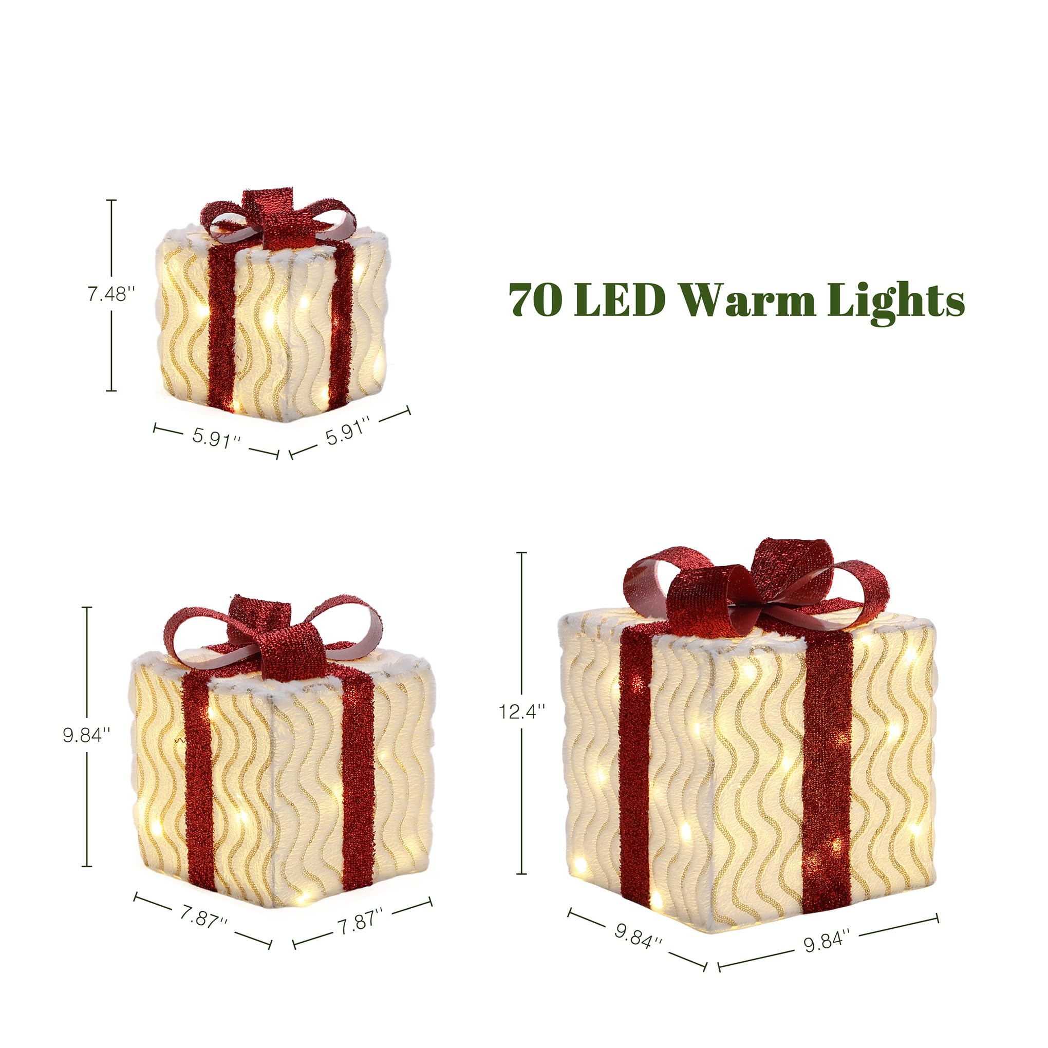 LuxenHome Set of 3 Lighted Gift Boxes, Plug-in Wavy Design with Red Ribbon Bow Boxes for Xmas Holiday Display, Lawn, Porch, Unde
