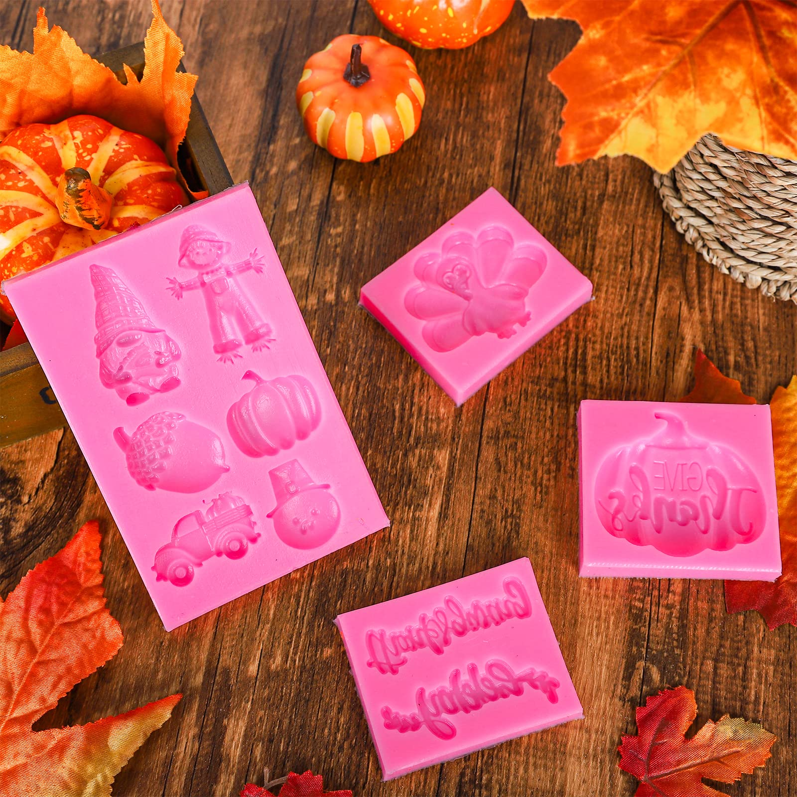 Whaline 4Pcs Happy Thanksgiving Fondant Molds Pumpkin Gnome Silicone Moulds Dwarf Truck Candy Moulds Turkey Scarecrow Cupcake Ba
