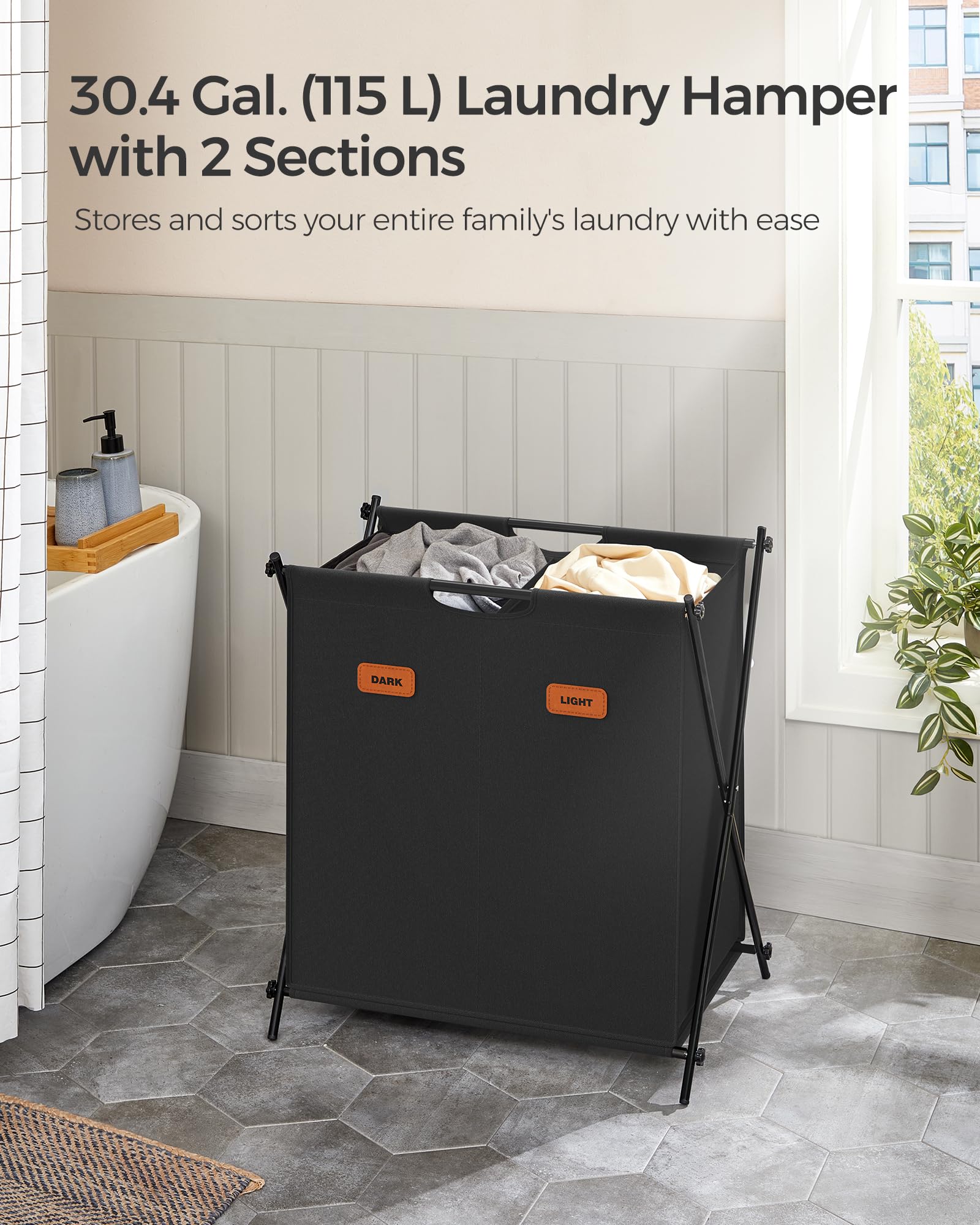 Songmics Laundry Hamper, Laundry Basket, 30.4 Gal. Laundry Sorter 2 Sections, Collapsible X-Frame, Clothes Organizer With Custom