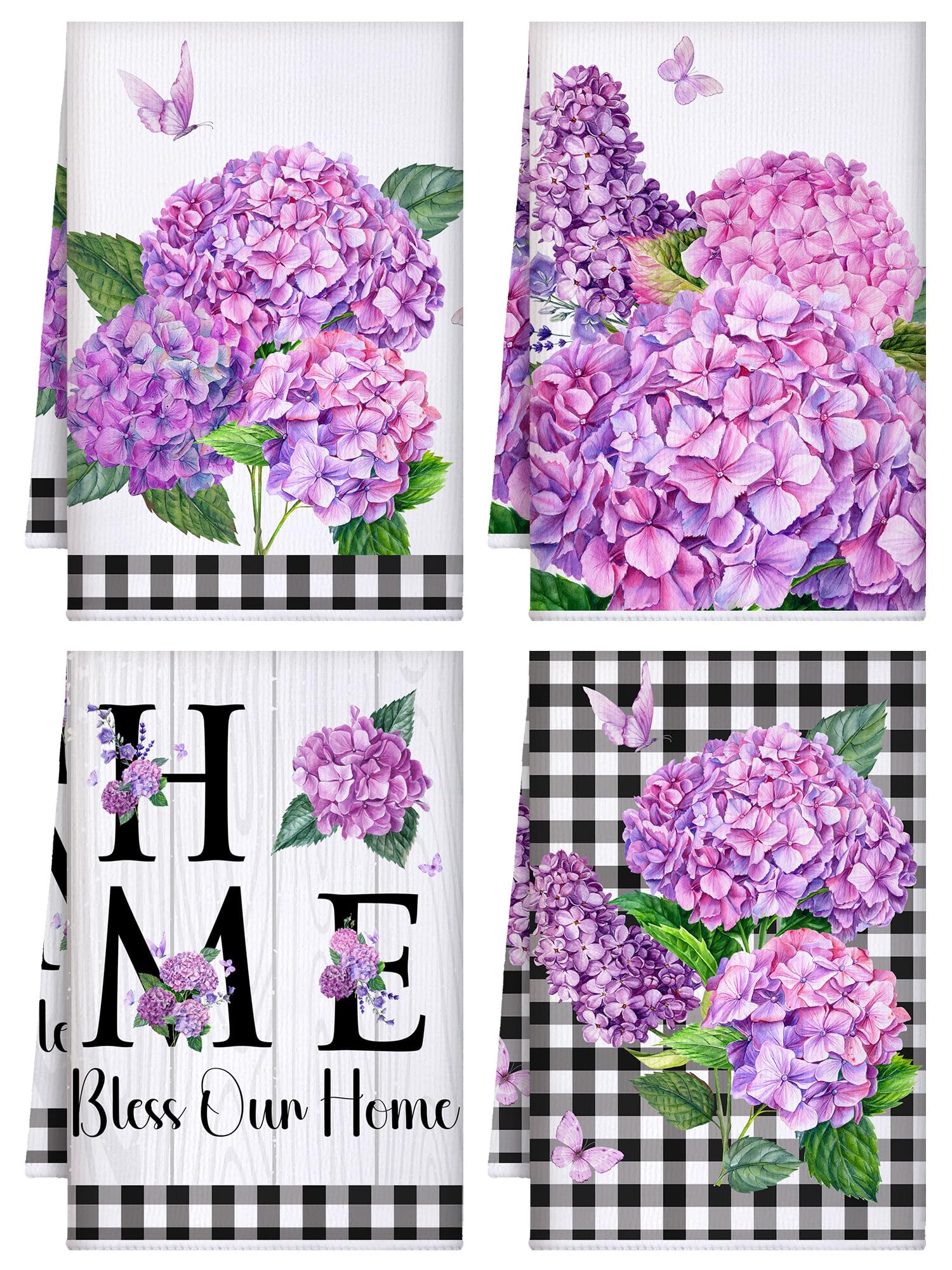 Bencailor 4 Pcs Purple Hydrangea Kitchen Towels Farmhouse Flower Floral Hand Dish Towels Butterfly Fast Drying Tea Cloths Housew