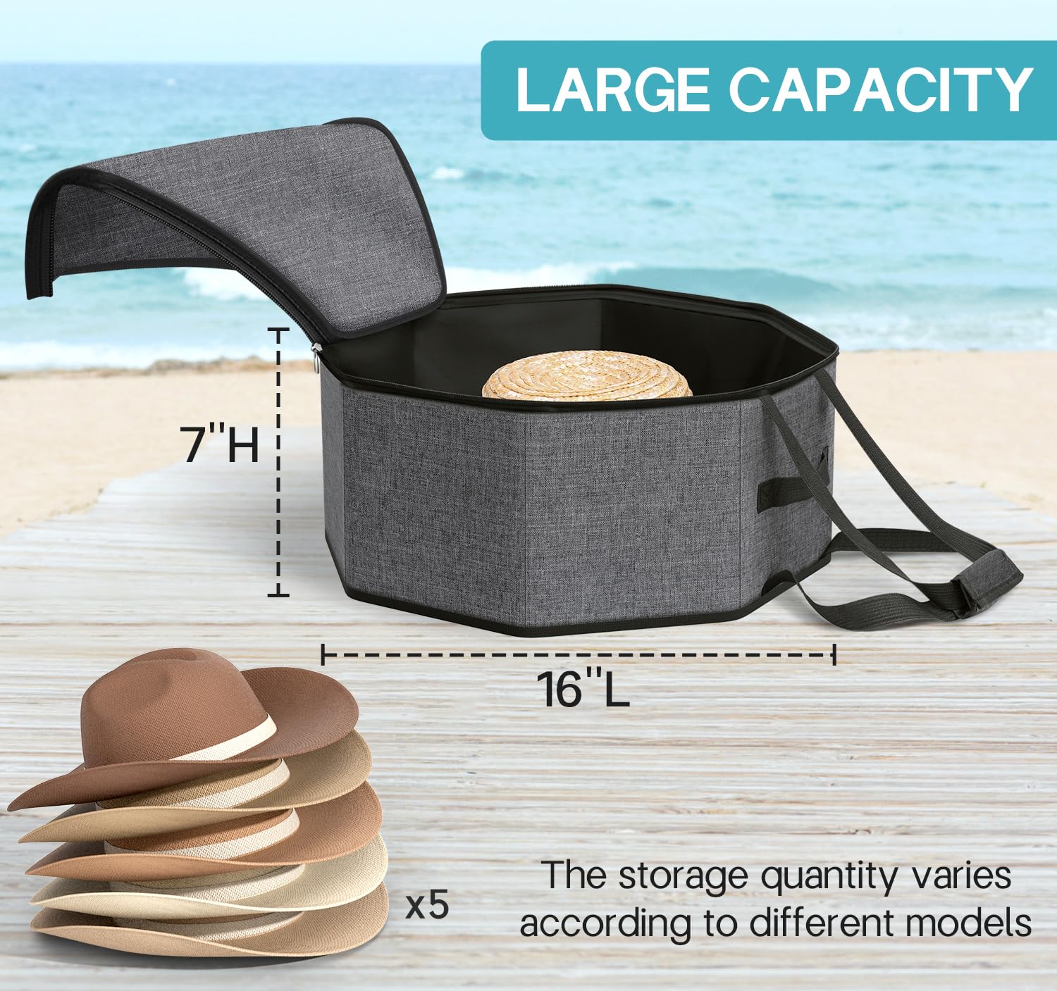 SLEEPING LAMB Collapsible Hat Box Organizer, 16''L x 7''H, Grey Fabric Case for Travel & Storage, Model QB0115-Hat-GY