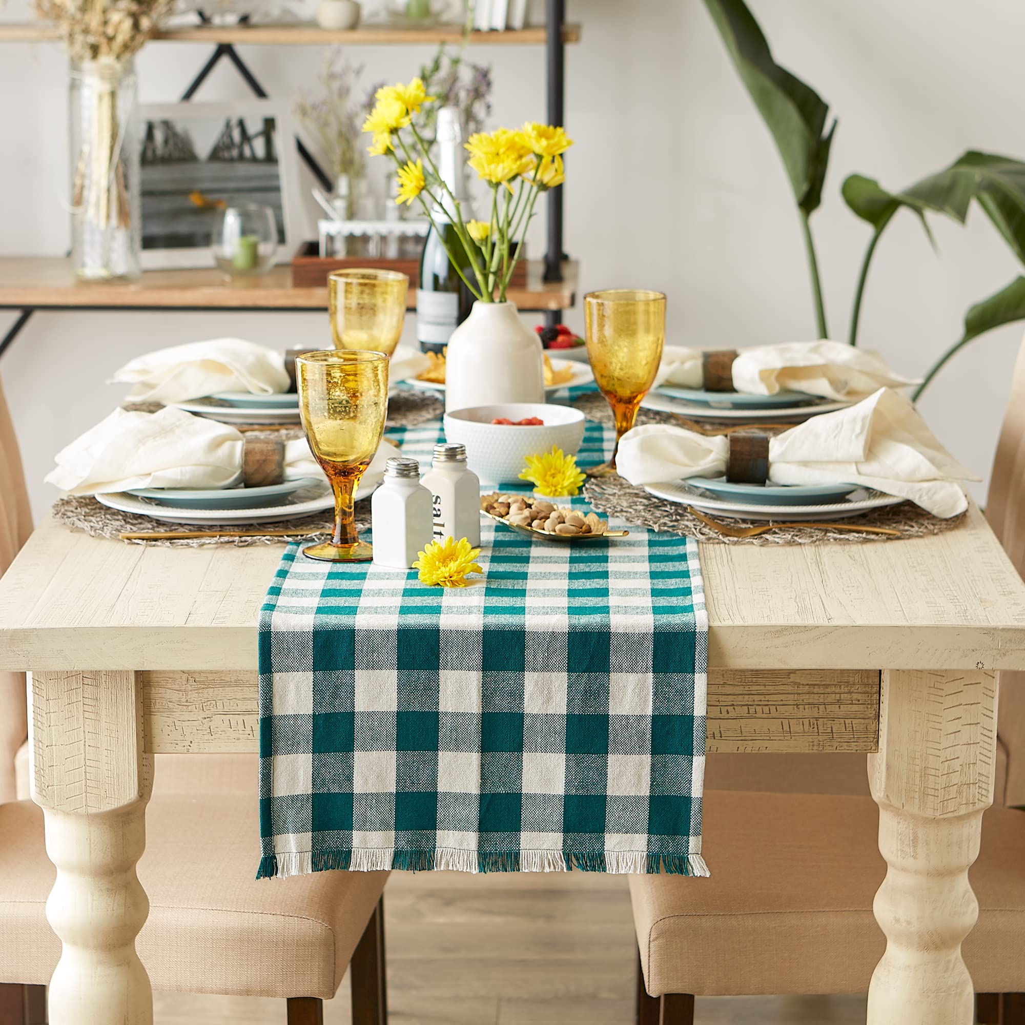 DII Heavyweight Fringed Check Tabletop Collection  Table Runner  14x108  Teal