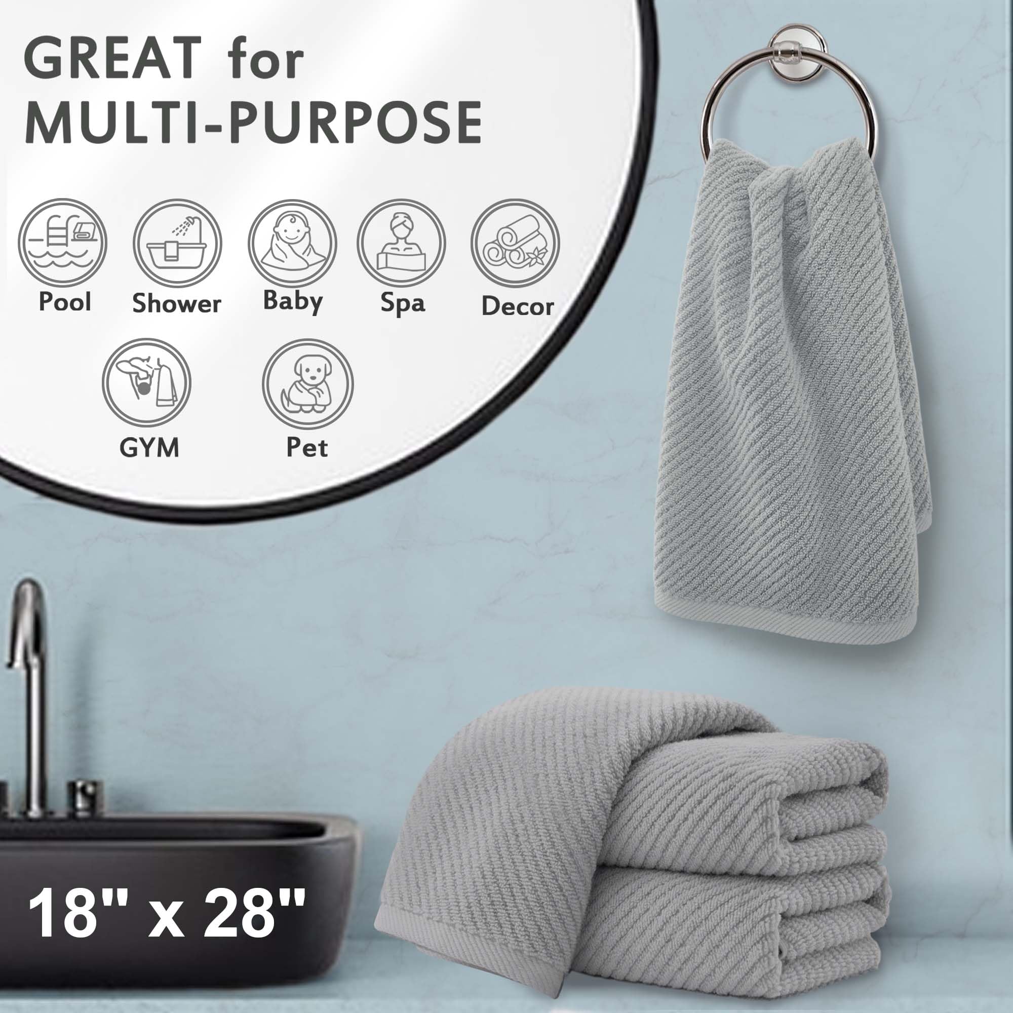 Voova & Movas Grey Hand Towels For Bathroom, Large 18'' X 28'' - 100% Cotton | Lightweight | Thick | Quick Dry | Soft | Absorben
