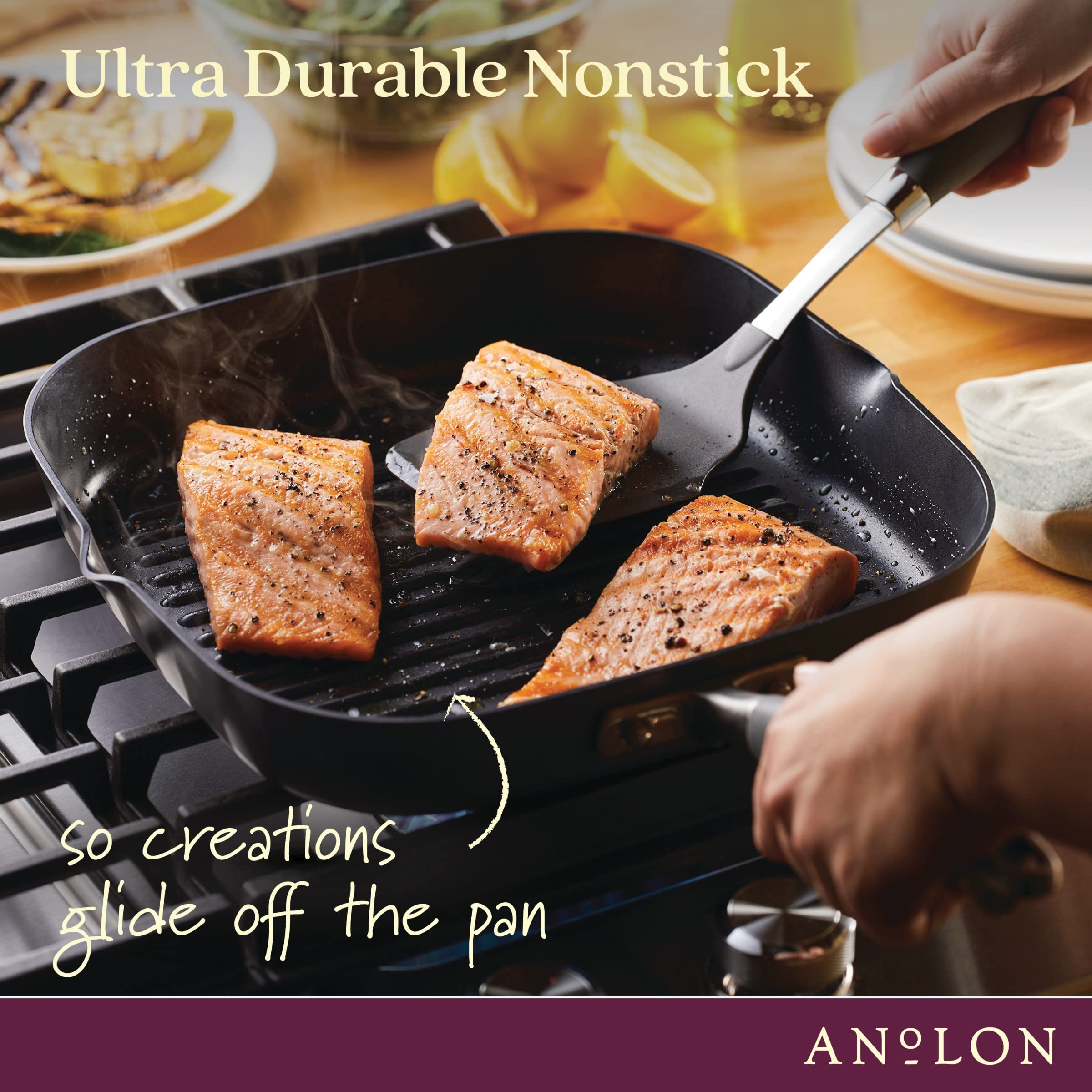 Anolon Advanced Home Hard Anodized Nonstick Deep Square Grill/Griddle Pan With Pour Spouts, 11 Inch, Onyx
