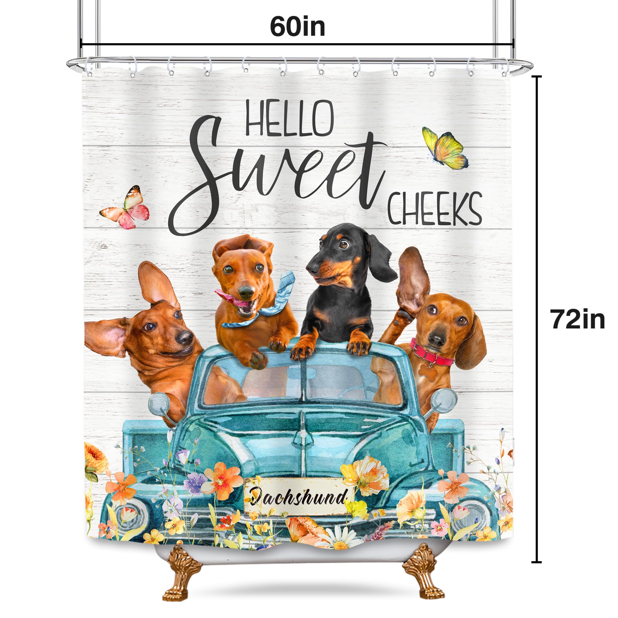 Svbright Funny Dog Shower Curtain 60Wx72L Inch Kids Farmhouse Spring Floral Cute Animal Puppy Rustic Flower Blue Truck Wooden Pl