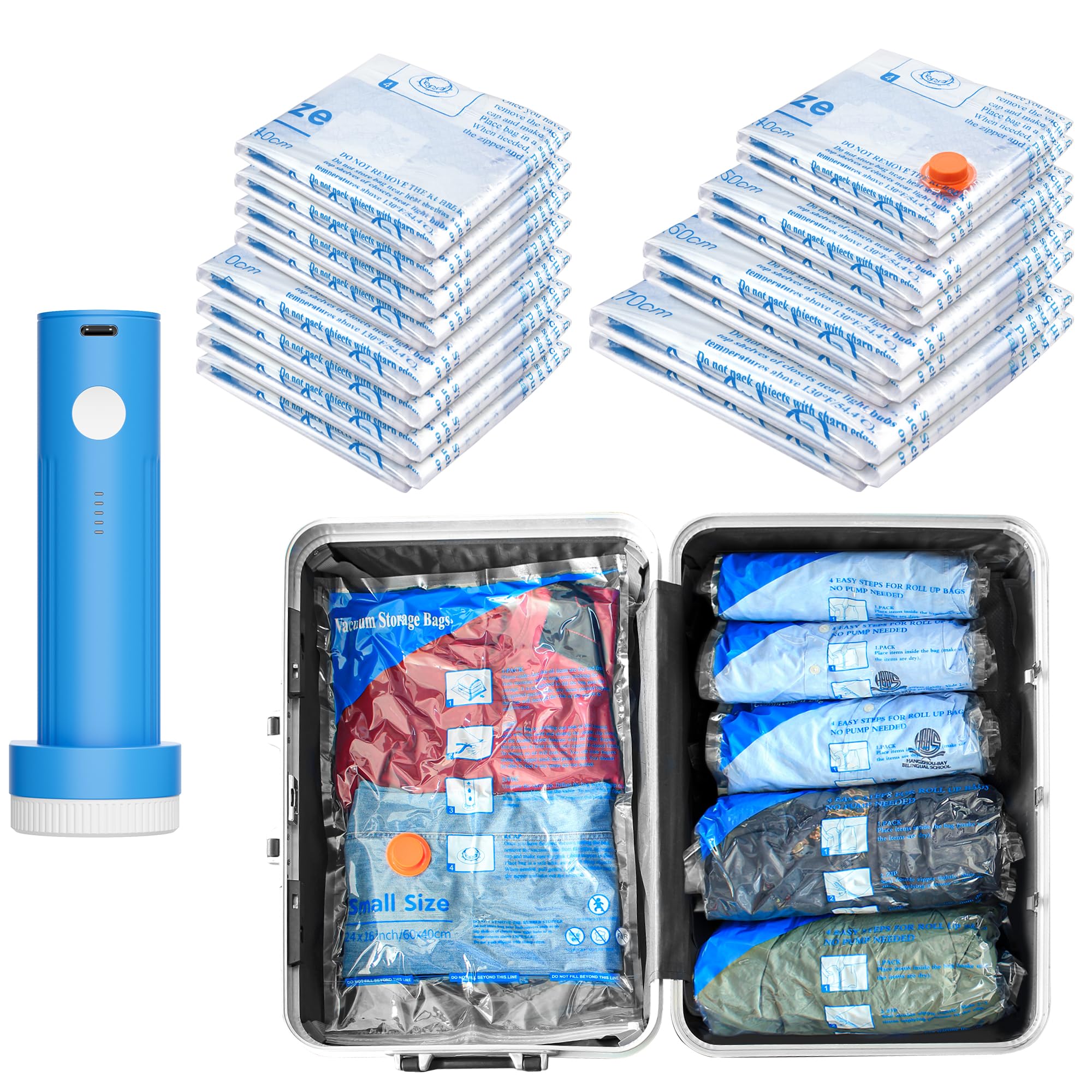 16 Pack Travel Vacuum Bags with Pump,vacuum travel bags with pump (2J/2L/2M2S/4 ROLLER BAGS/4 SMALL ROLLER BAGS), vacuum seal ba