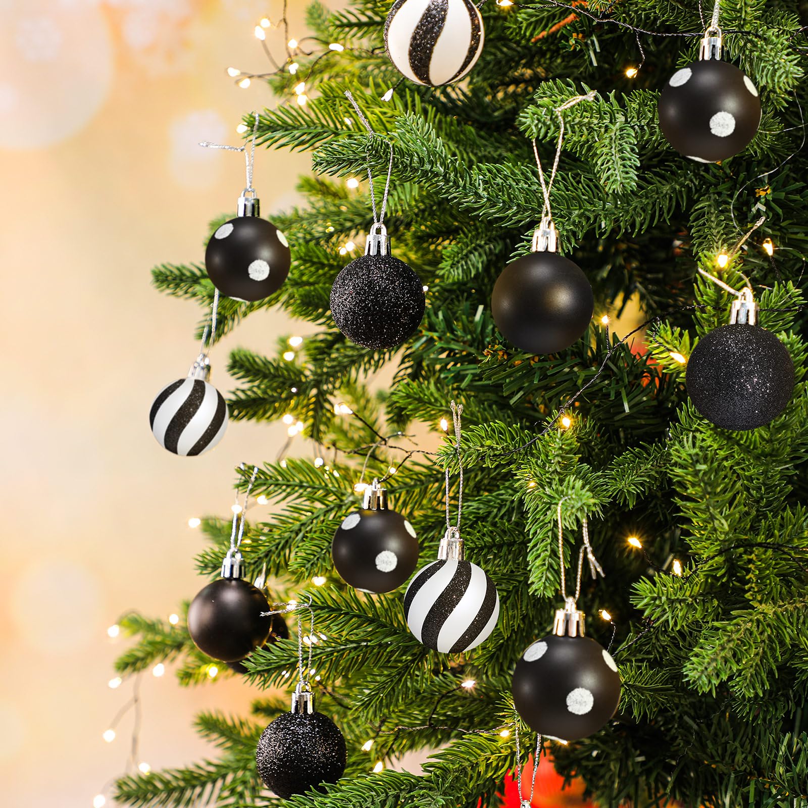 Motionchic 24 Pcs Christmas Black and White Ball Ornaments Hanging Glitter Shatterproof Balls Mini Plastic Christmas Tree Stripe