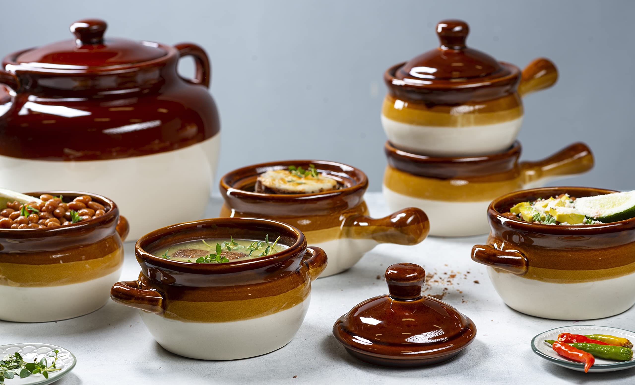 KooK French Onion Soup Bowl Set of 4, 16oz & 18oz, Ceramic, Oven Safe, Brown/White