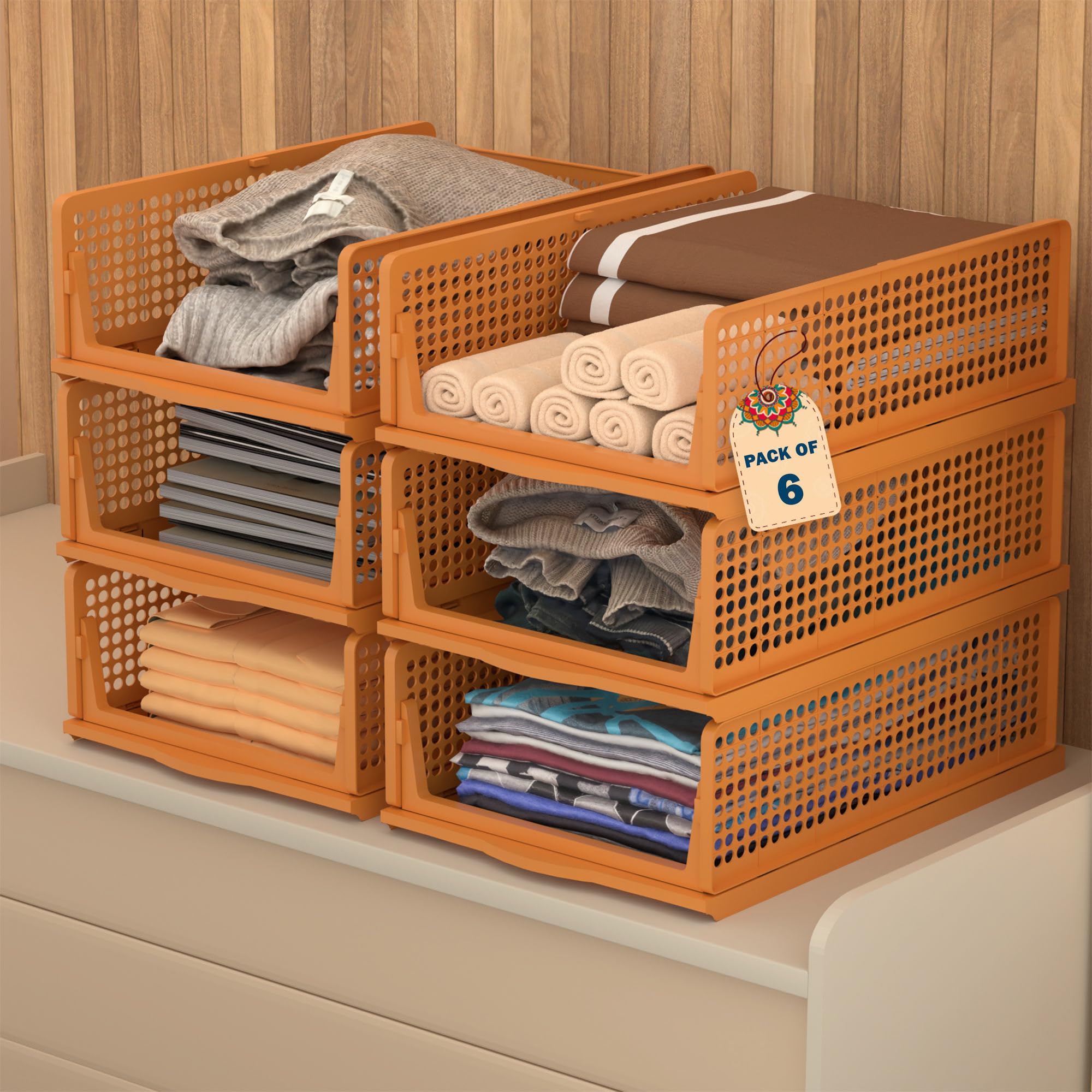 Kuber Industries Pack Of 6 Plastic Stackable Cloth Organizer For Storage | Foldable Clothes Rack For Wardrobe | Almirah & Cupboa