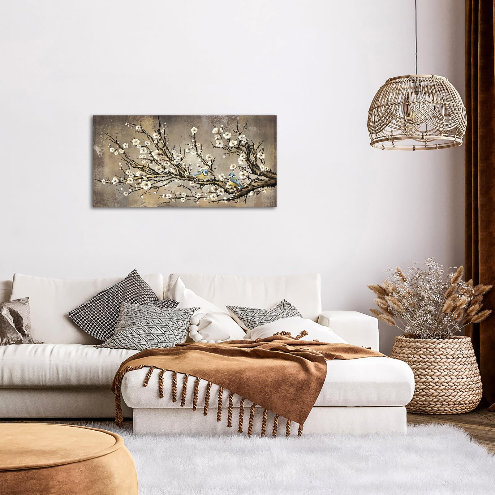 Sechars Large Plum Blossoms Flower Wall Art Canvas Vintage Brown Yellow Floral Traditional Chinese Painting Print Framed Modern