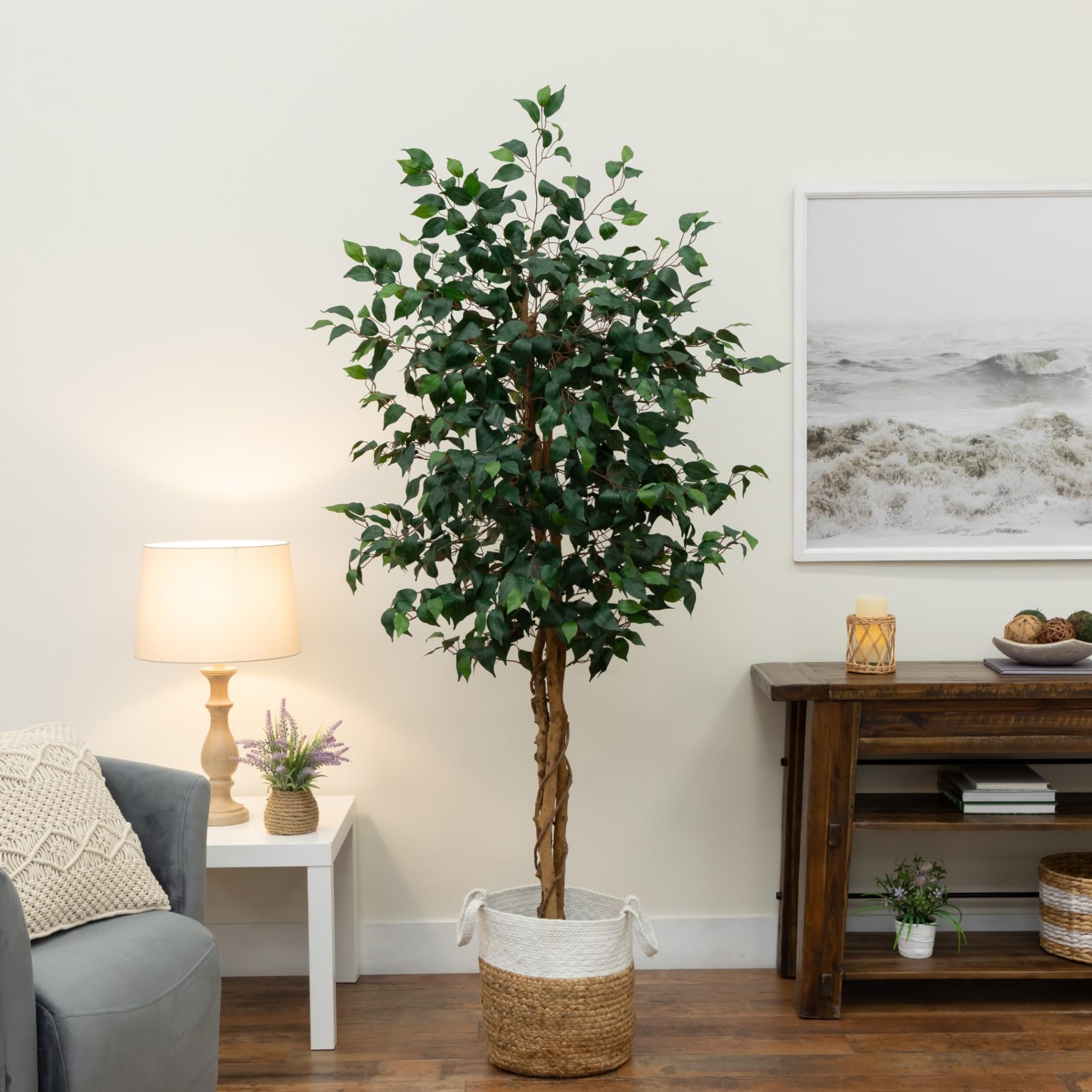 Nearly Natural 6ft. Triple Trunk Ficus Artificial Tree with Natural Trunks in Handmade Natural Jute and Cotton Basket Planter