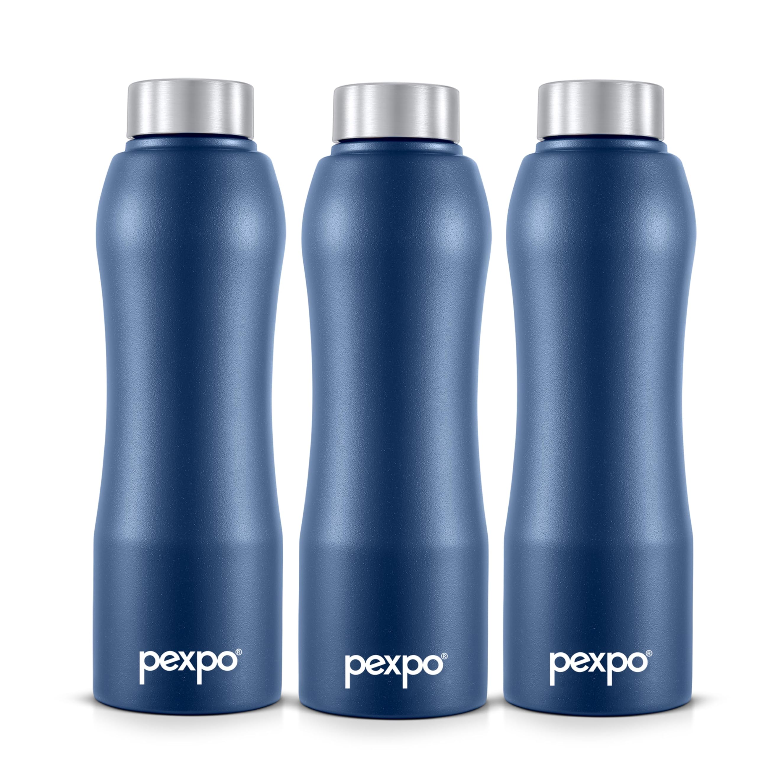 Pexpo Bistro Isi Certified Stainless Steel Fridge/Sports Water Bottle 750Ml, Denim Blue, Pack Of 3| Single Walled|Easy Grip|Leak