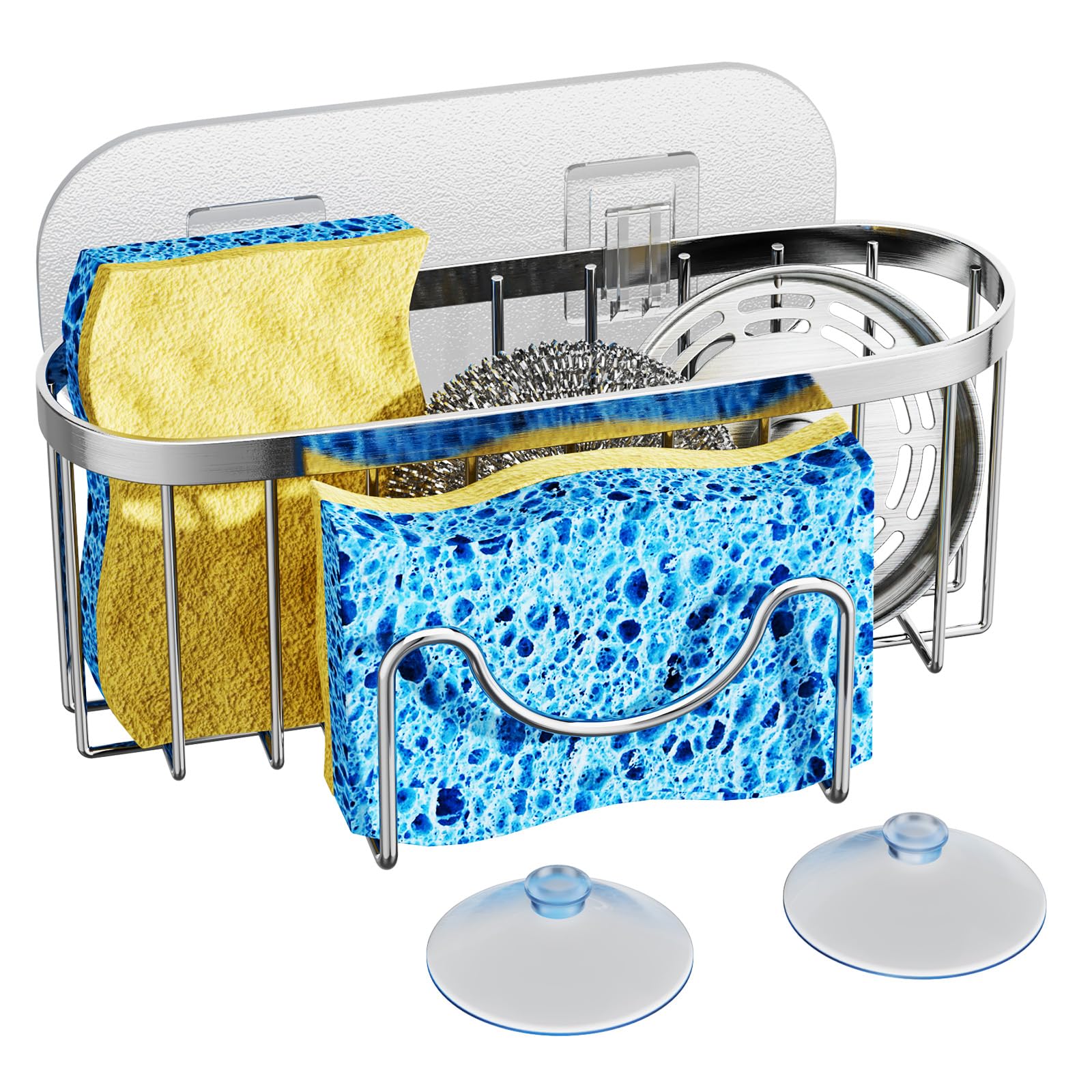 HapiRm Kitchen Sponge Holder for Sink - 2 Installation Methods Kitchen Sink Caddy Organizer with Unique M-Shaped, Rustproof Stai