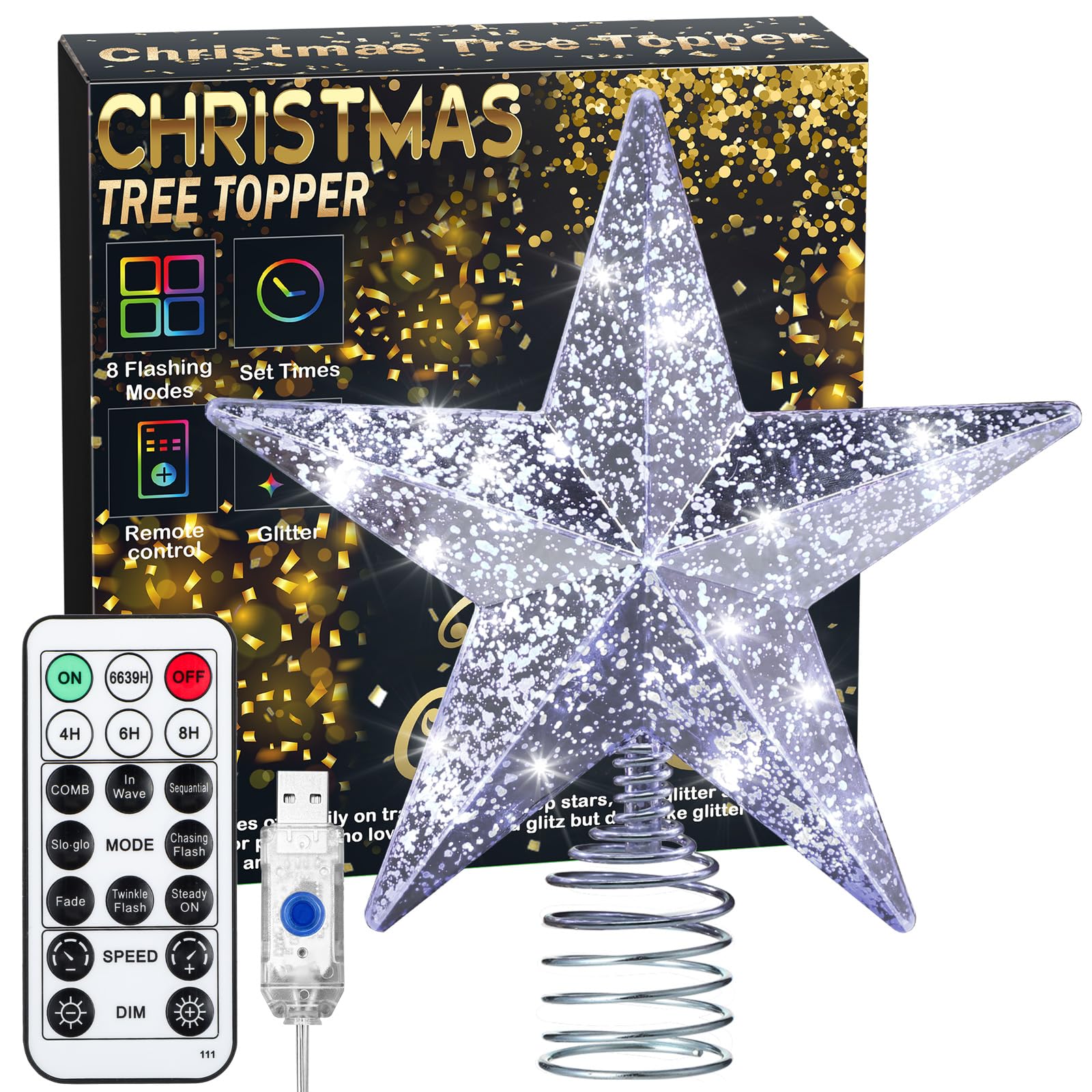Silver Christmas Tree Star Topper with Lights, 8.5-Inch Light-Up Christmas Tree Topper with Remote Control, 4 Brightness Levels 