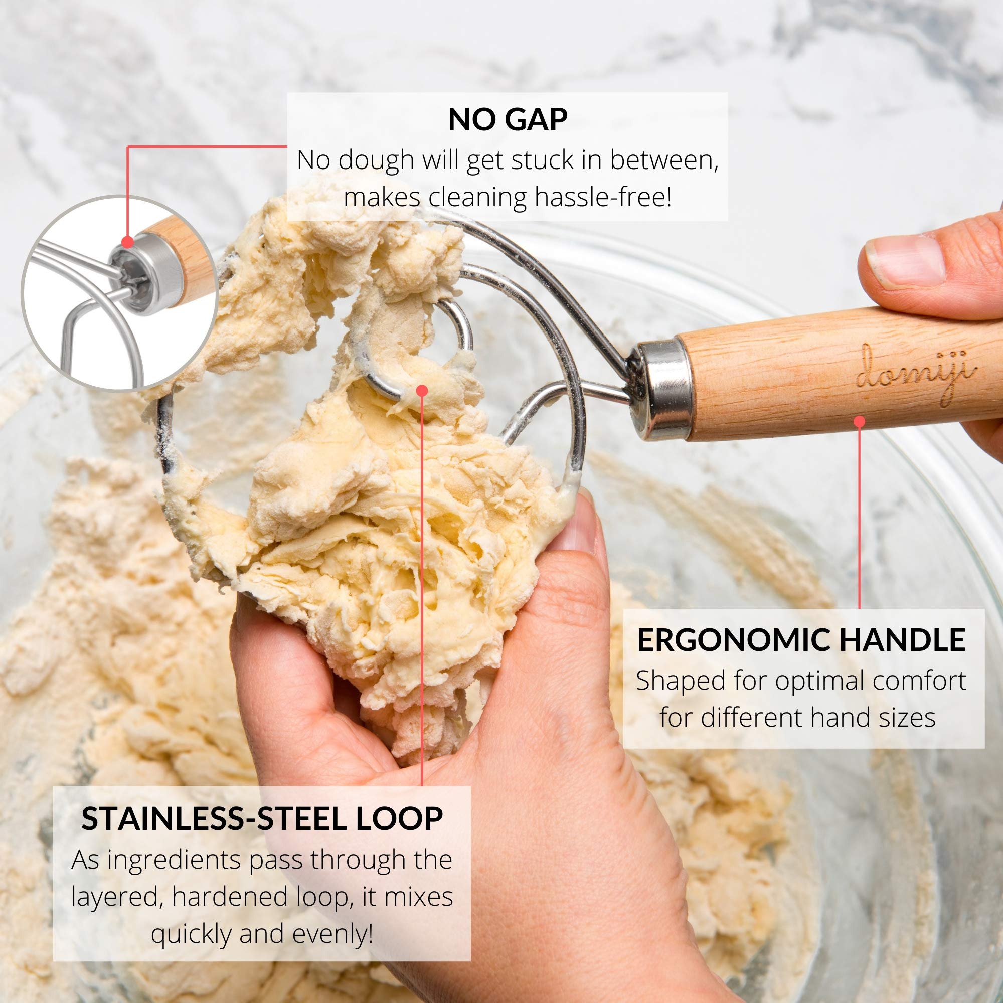 Domiji Danish Dough Whisk Large(2 Pcs) - Stainless Steel Wire Wooden Whisk Handle Hand Mixer For Bread Pancake Dough W/Dough Scr