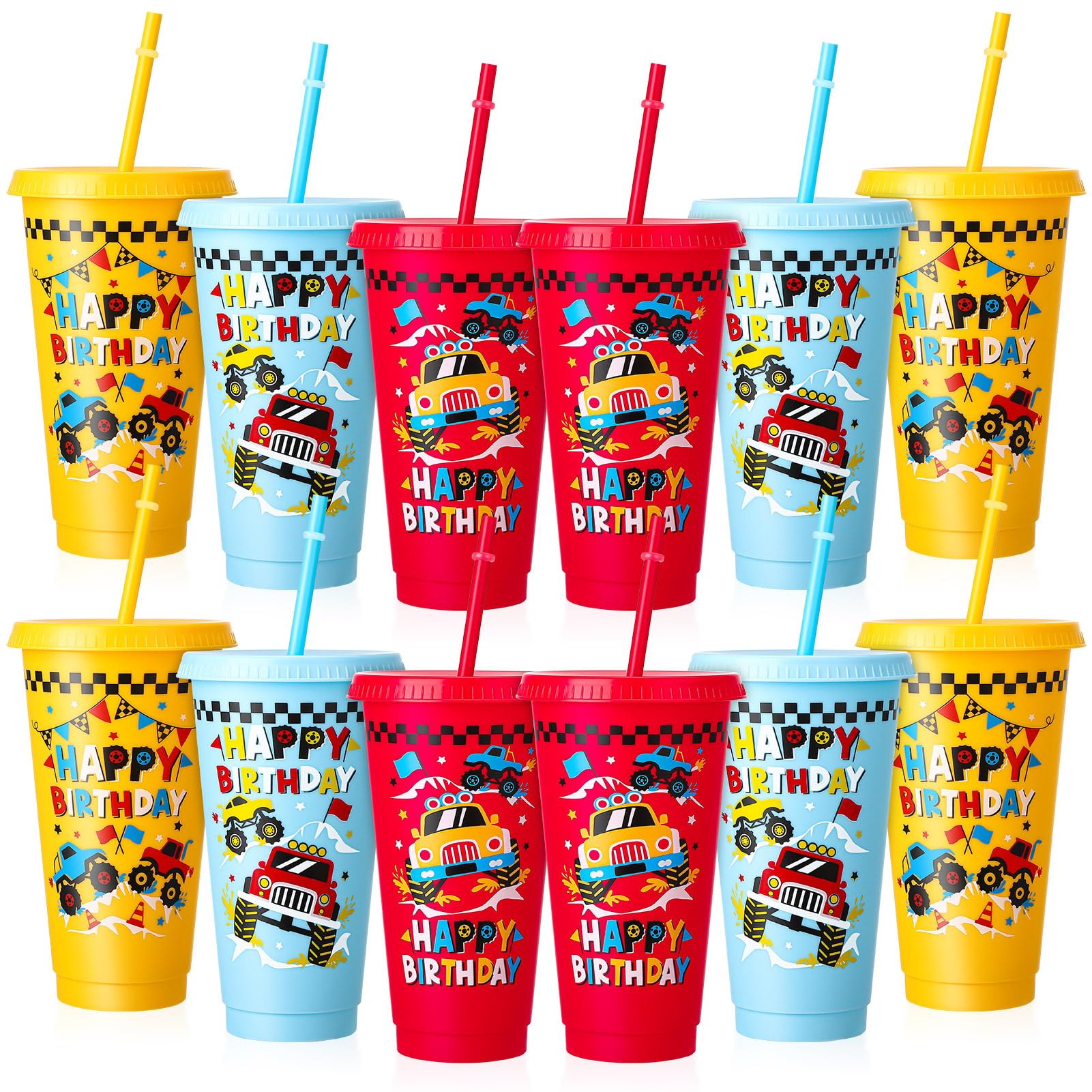 XLSXEXCL 12 Pcs Monster Truck Birthday Party Cups with Lids Starws 24 oz Monster Truck Cups Birthday Table Decorations Party Fav