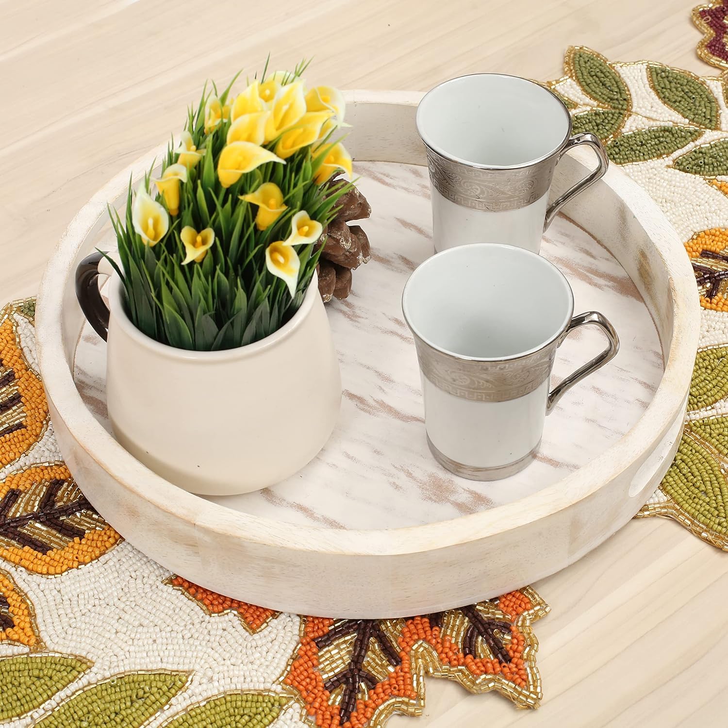 Insight Arts Tea & Coffee Table With Solid Wood Round Tray Handles Decorative Food Storage Platters With Serving Tray For Home D