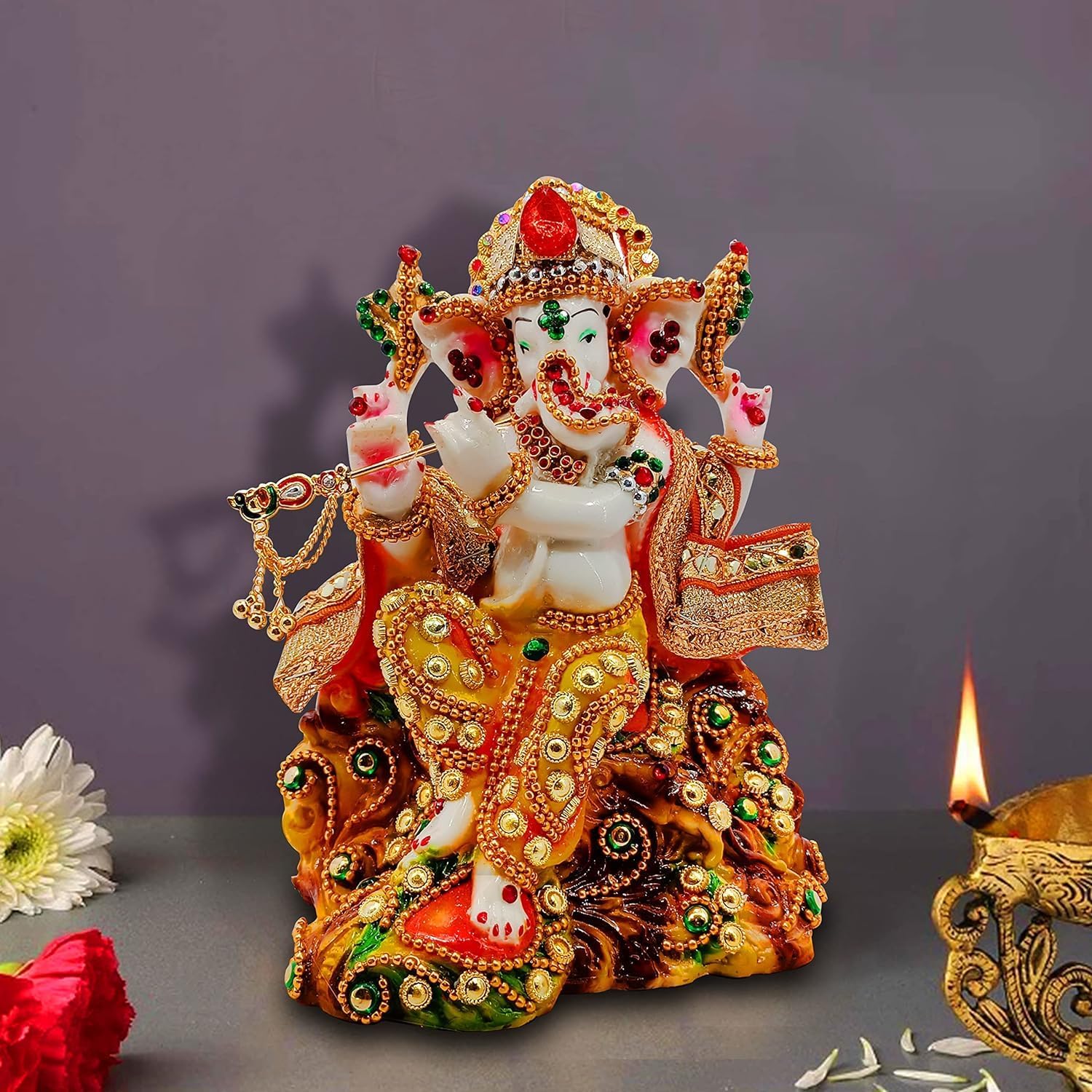 Ani Divine Dressed Ganesh Chowki (Marble Dust) 10 Inches Ganesha Idol Statue Ganpati Ji Murti Vinayaka Vighnharta Idol For Home 