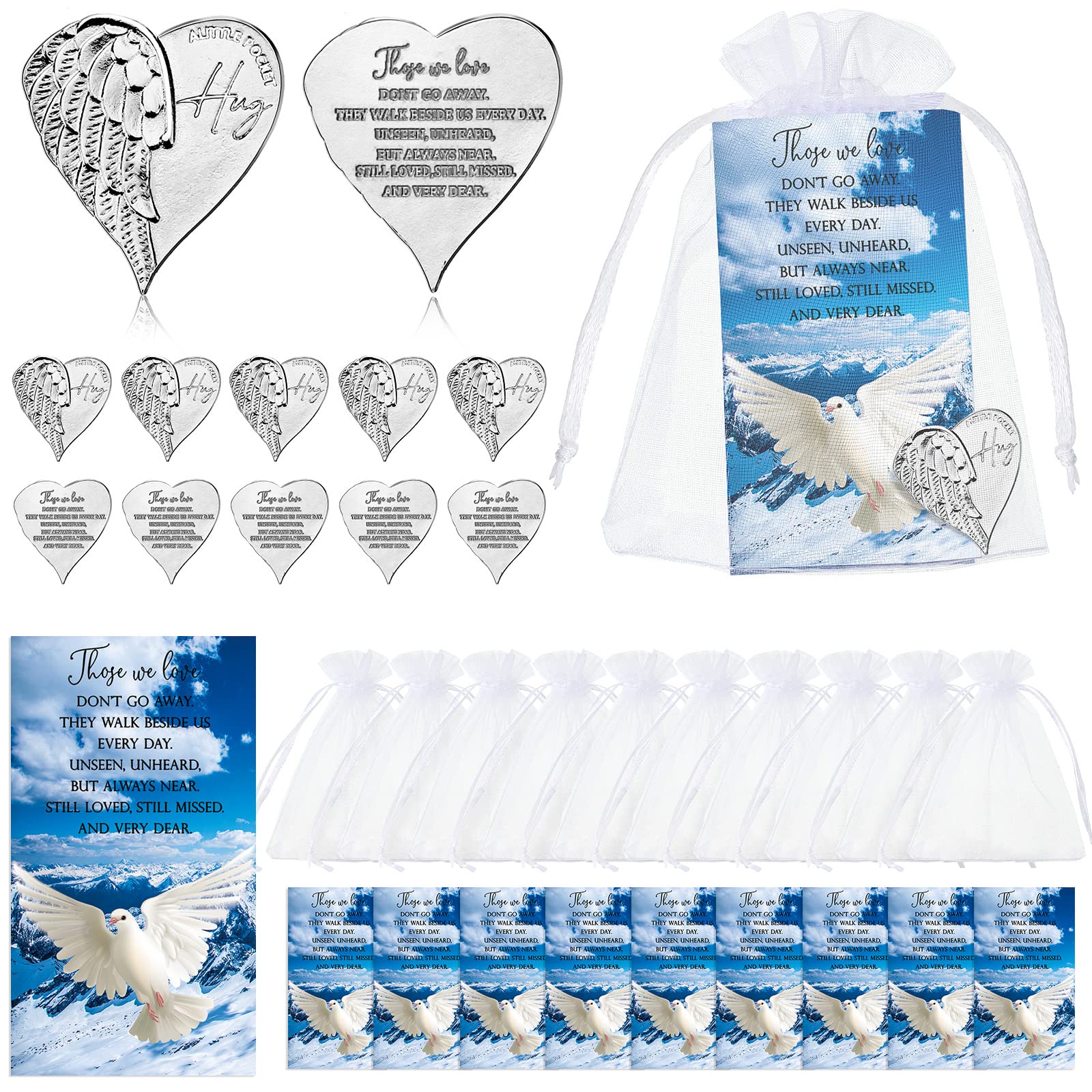 Sureio 30 Pieces Funeral Favors for Celebration of Life Heart Pocket Hug Token with Funeral Prayer Cards and Organza Bags As a K