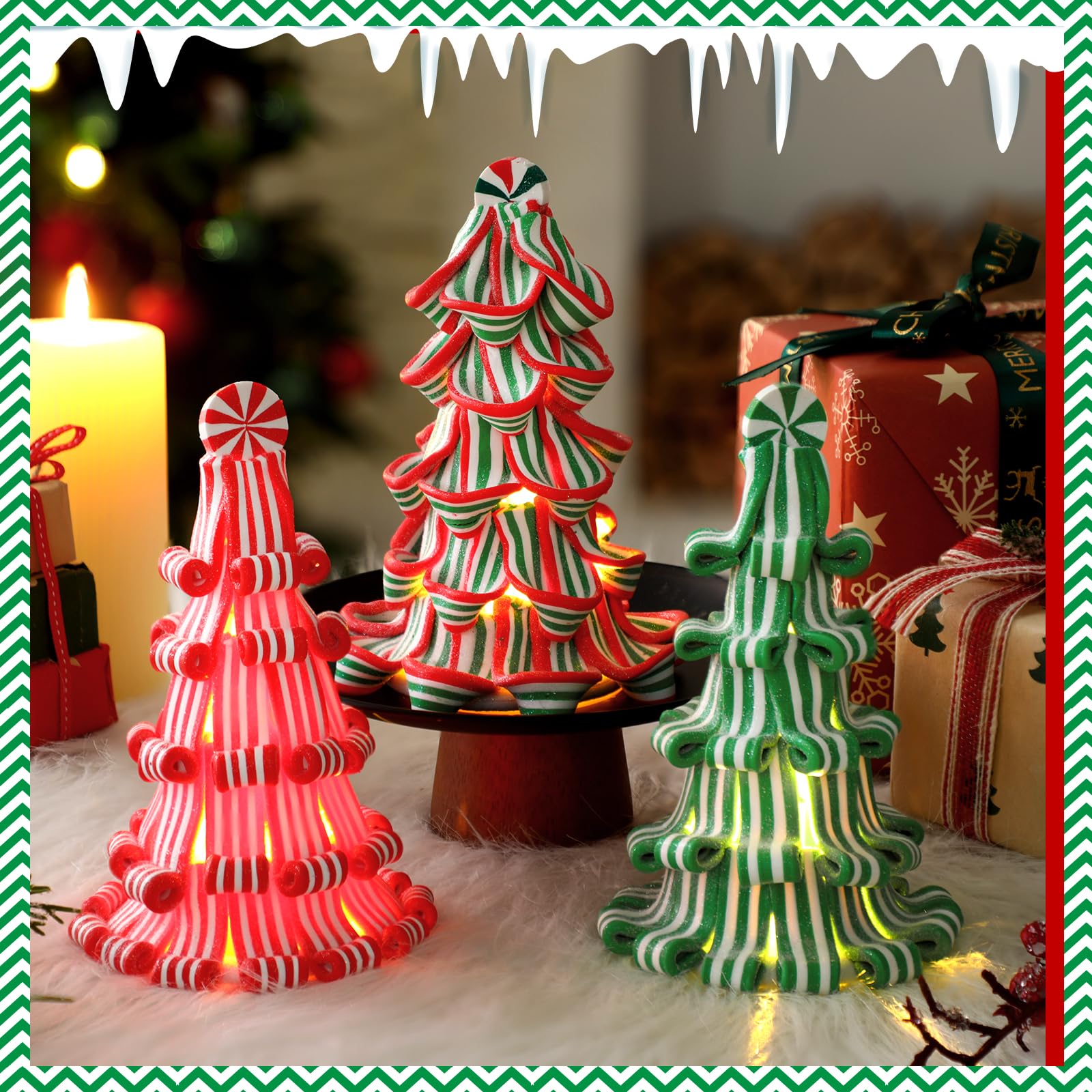 Suzile 3 Pcs Christmas Ribbon Candy Tree Tabletop Decor 7 Inches Mini Light up Resin Clay Peppermint Tree for xmas Home Table Ma