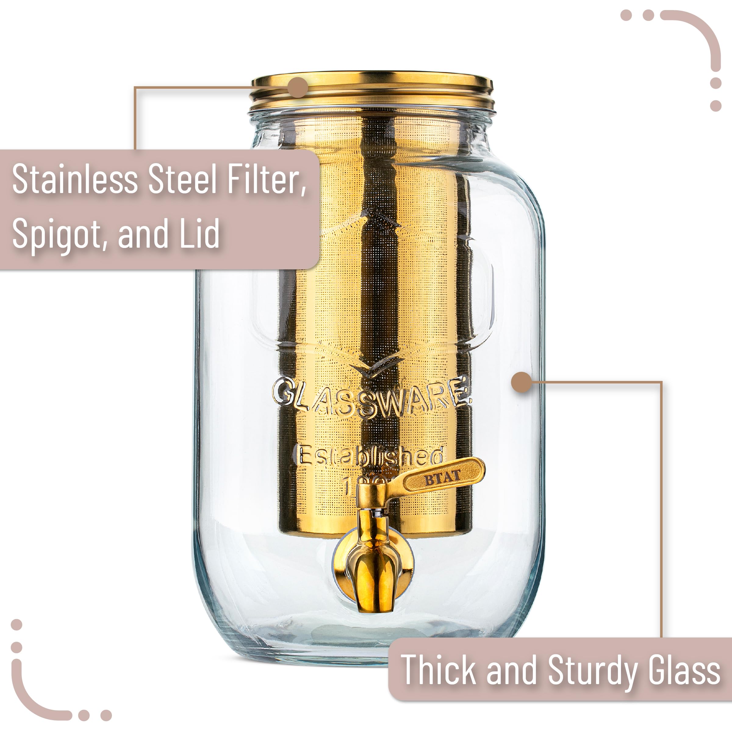 Btat- Cold Brew Coffee Maker, 1 Gallon, Gold, Mason Jar Cold Brew Maker, Cold Brewer Coffee Maker, Cold Brew Mason Jar Coffee Ma