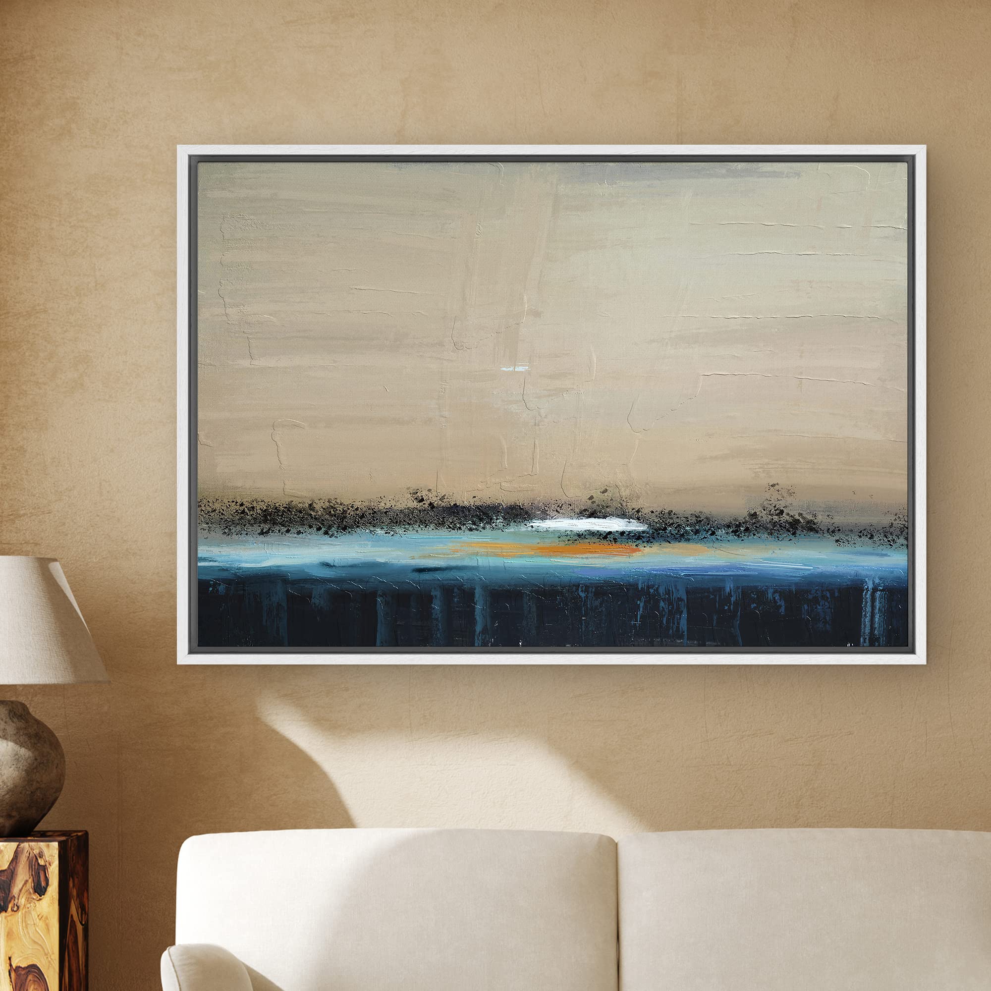 Signwin Framed Canvas Print Wall Art Grunge Tan Gold Blue Color Field Landscape Abstract Shapes Illustrations Modern Art Decorat