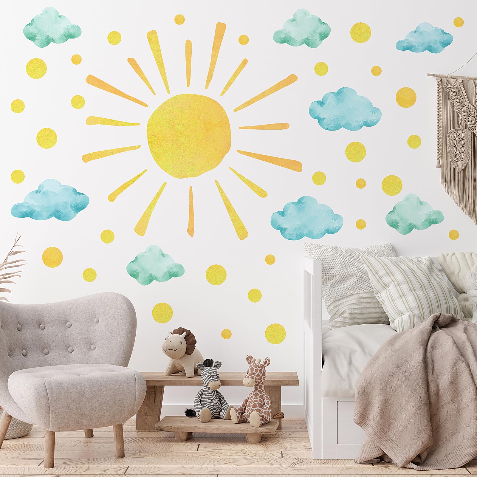 Sun And Clouds Wall Decals Polka Dots Decal Watercolor Boho Sun Wall Decals Peel And Stick, Pvc Sunrise Wall Stickers Sunshine W
