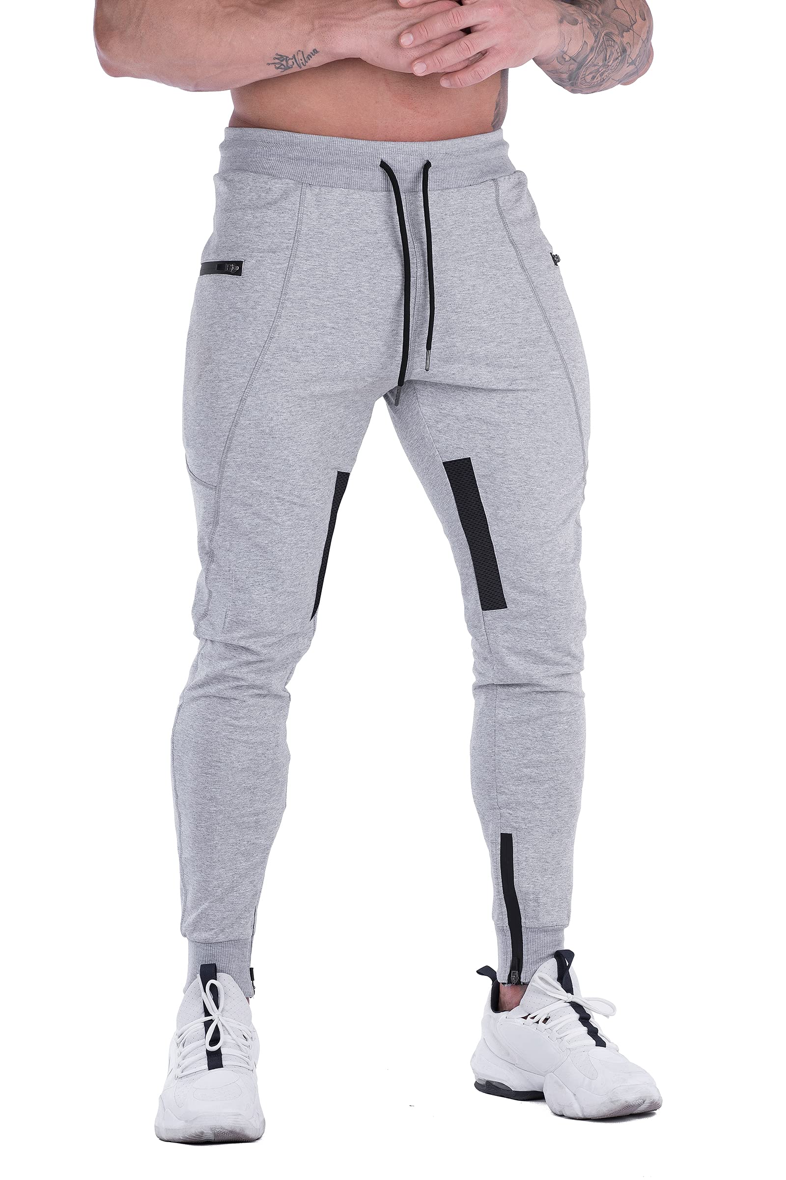 Firstgym Mens Joggers Sweatpants Slim Fit Workout Training Thigh Mesh Gym Jogger Pants With Zipper Pockets Light Grey