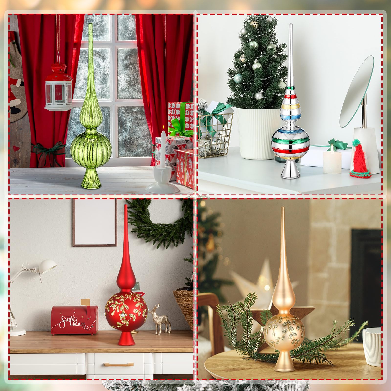 Gejoy 9.8" Mercury Glass Christmas Tree Topper - Vintage Lime Green Blown Glass Ornament, Mid Century Holiday Decor