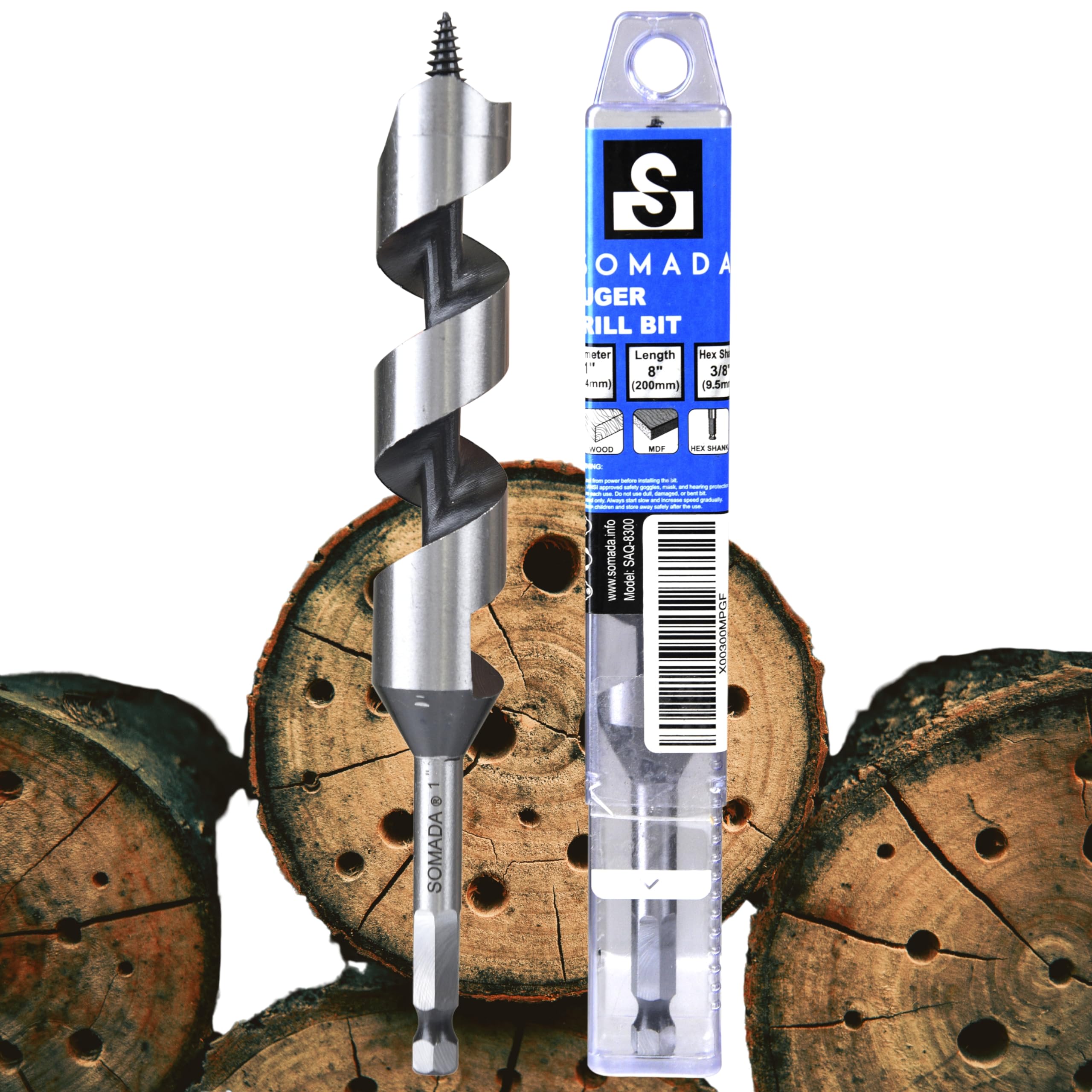 Somada 1-Inch X 8-Inch Auger Drill Bit For Wood, Hex Shank 716-Inch, Ship Auger Long Drill Bit For Soft And Hard Wood, Plastic,