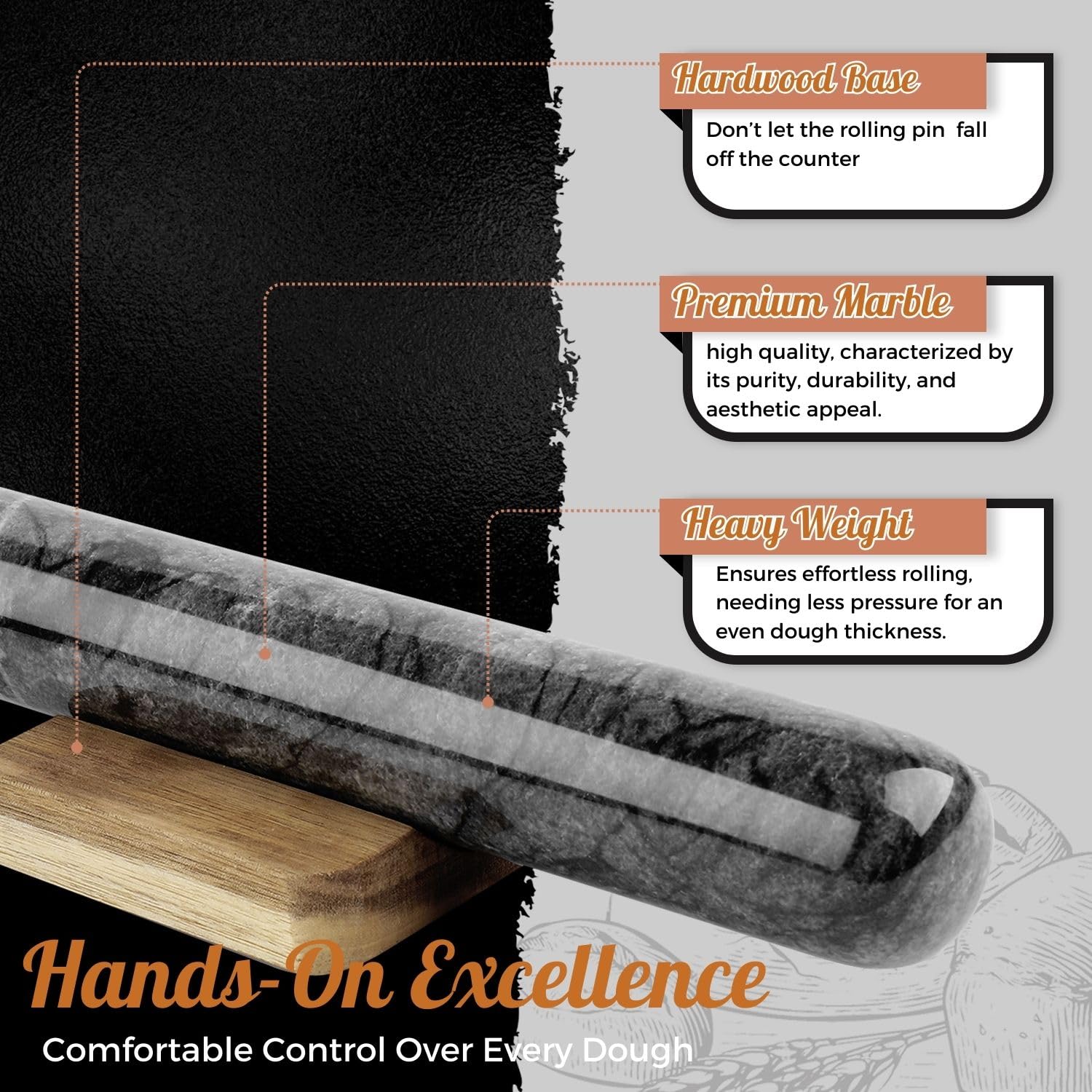 Flexzion French Rolling Pin, 12 Inch Black Marble Rolling Pins For Baking With Wooden Base Holder Stand - Non-Stick Baking Rolle