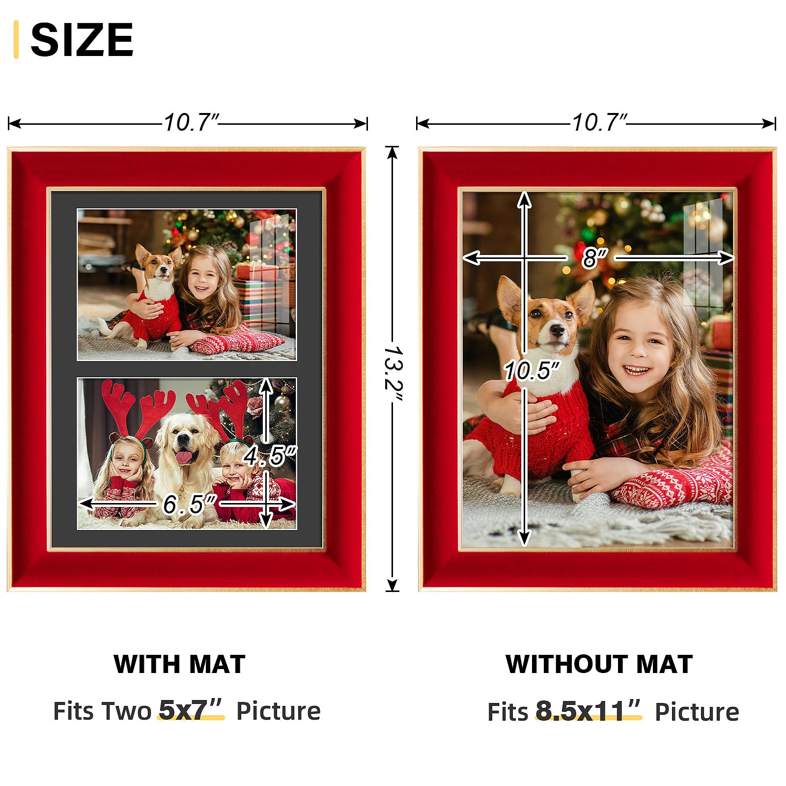 KSROECUD 8.5x11 Velvet Picture Frame with 2 Openings 5x7 Pictures, HD Real Glass Red Velvet Photo Frame with Black White Border