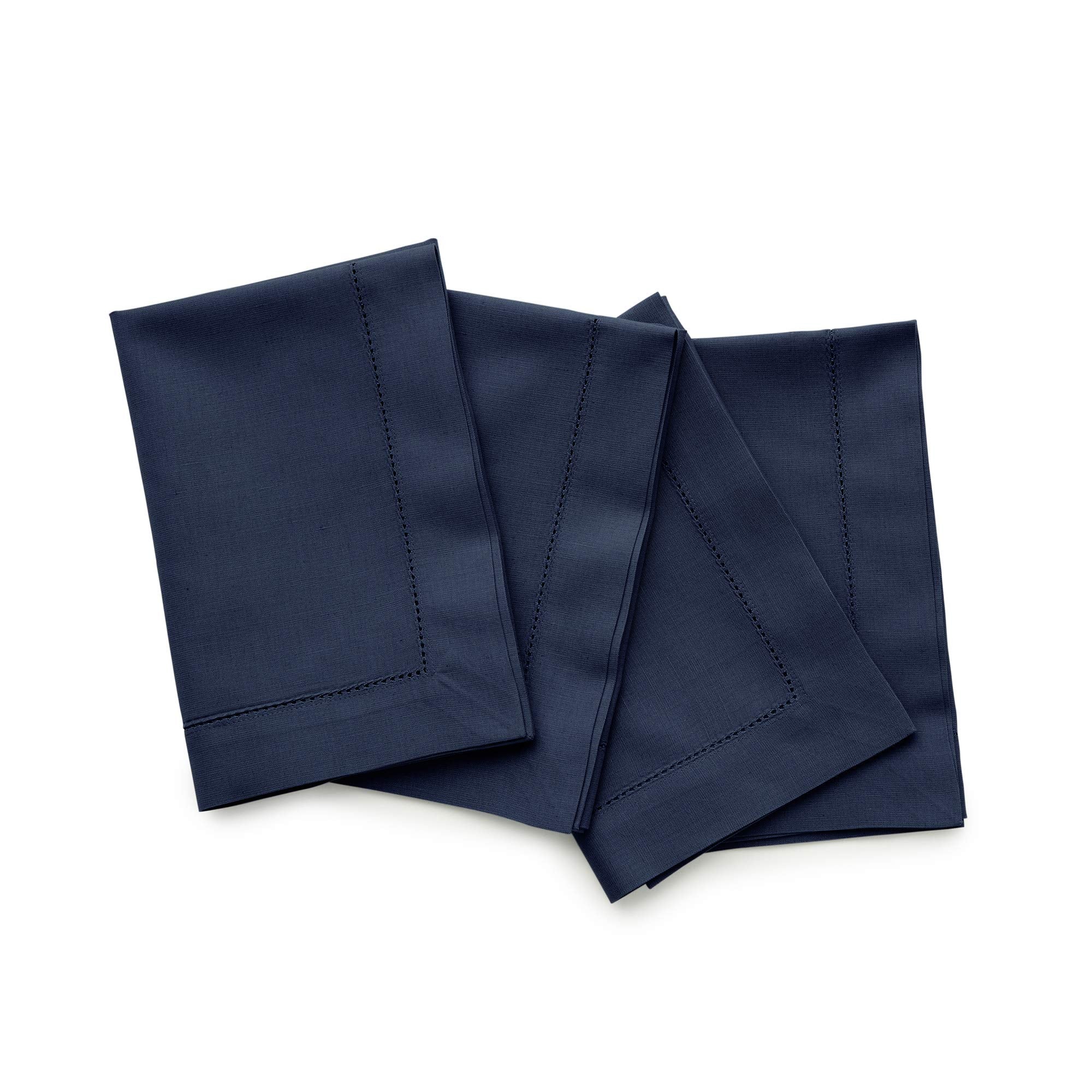 Solino Home Dinner Napkins 20 X 20 Inch - Cotton Linen Hemstitch Navy Cloth Napkins Set Of 4 For Spring, Easter - Handcrafted An