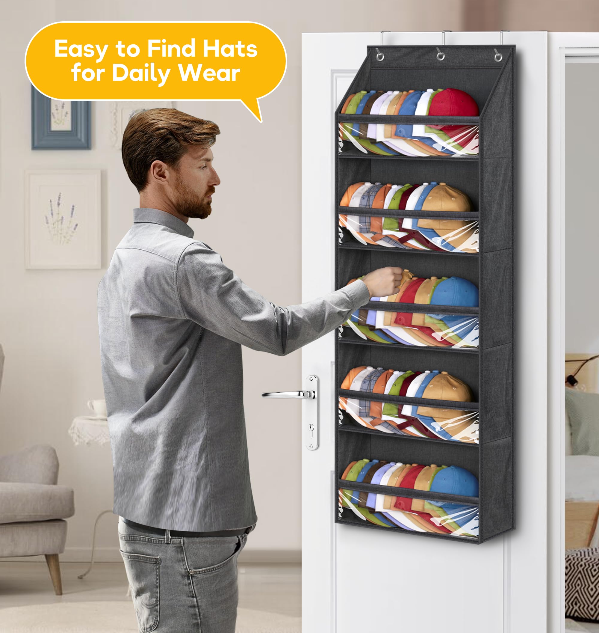 Sleeping Lamb Over Door Hat Racks For Baseball Caps, Clear Deep Pockets Hat Organizer For Closet Or Wall Hold 60 Hats Storage Ho