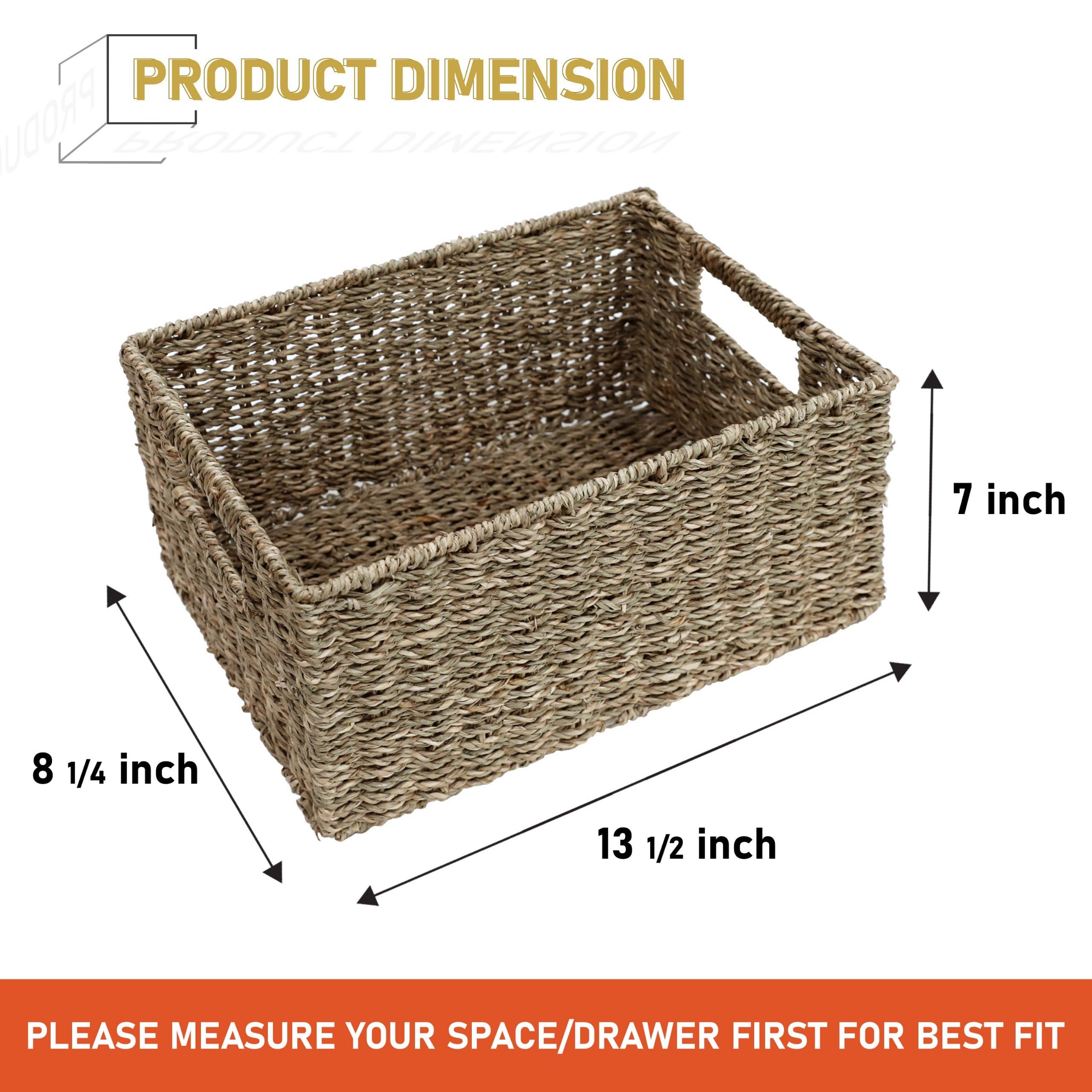Homestead Seagrass Baskets With Built-In Handles For Storage, 13.5'' X 8'' Medium Rectangular Wicker Basket For Bedroom, Living