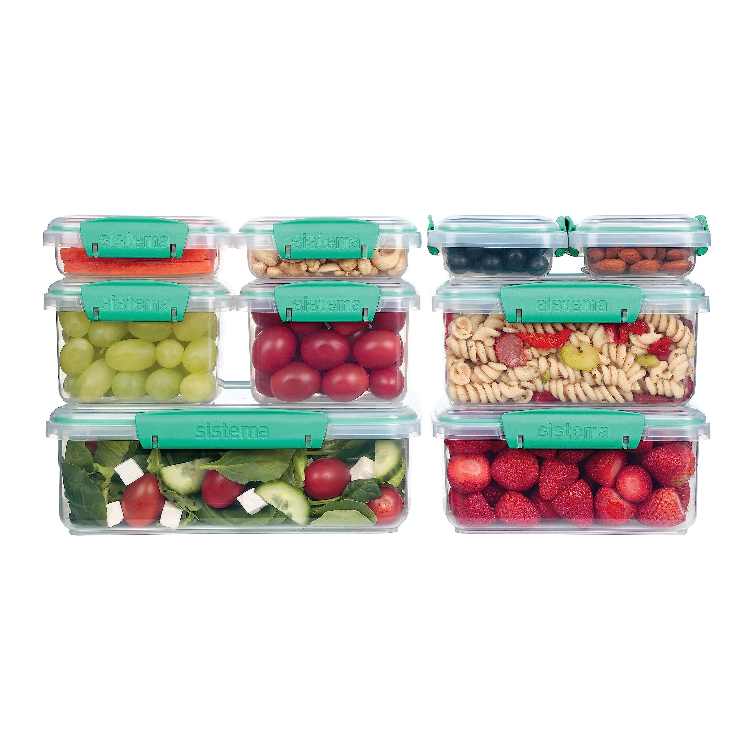 Sistema 18-Piece Food Storage Containers With Lids For Lunch, Meal Prep, And Leftovers, Dishwasher Safe, Clear/Blue
