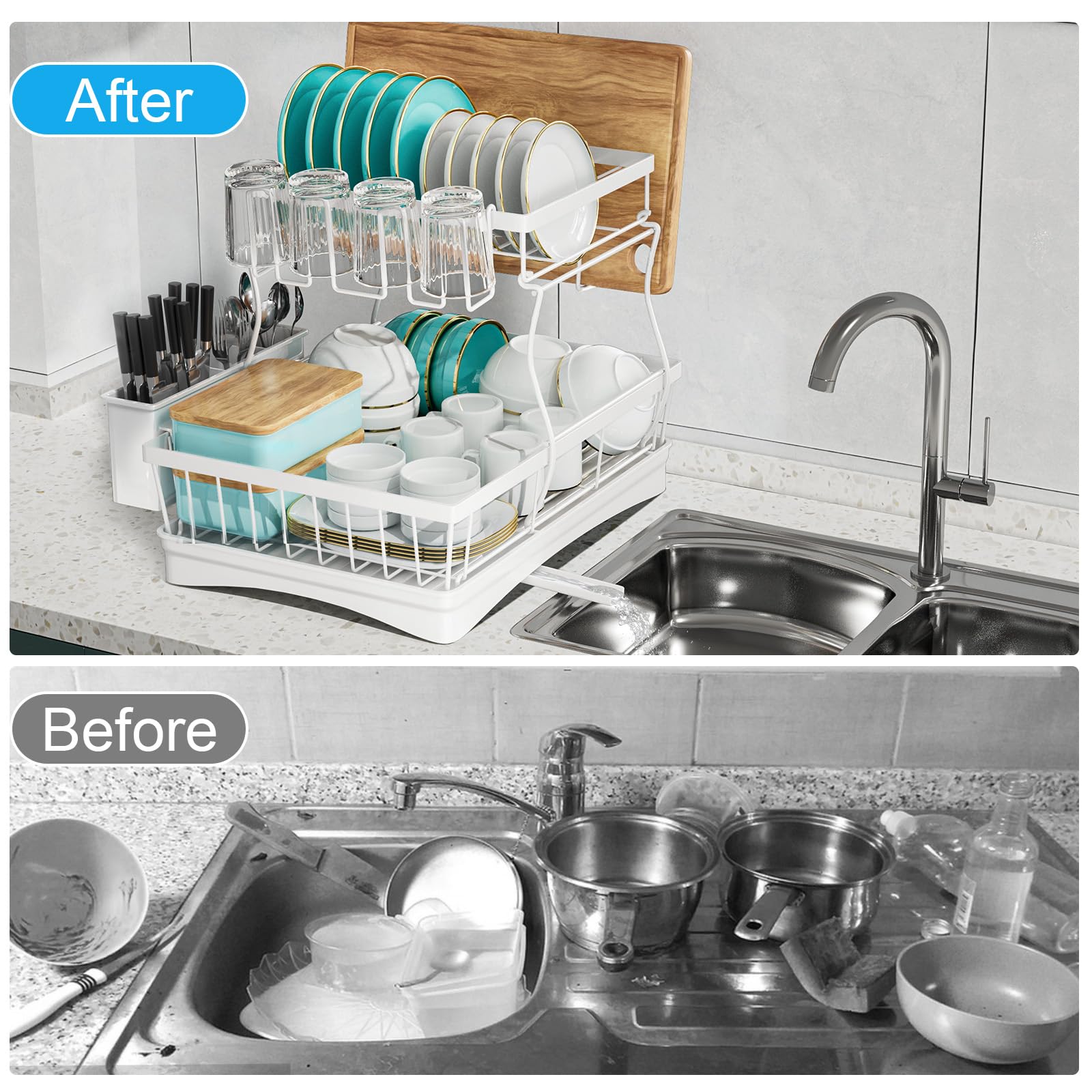 7 Code Large Dish Drying Rack, 2-Tier Dish Racks For Kitchen Counter, Detachable Large Capacity Dish Drainer Organizer With Uten