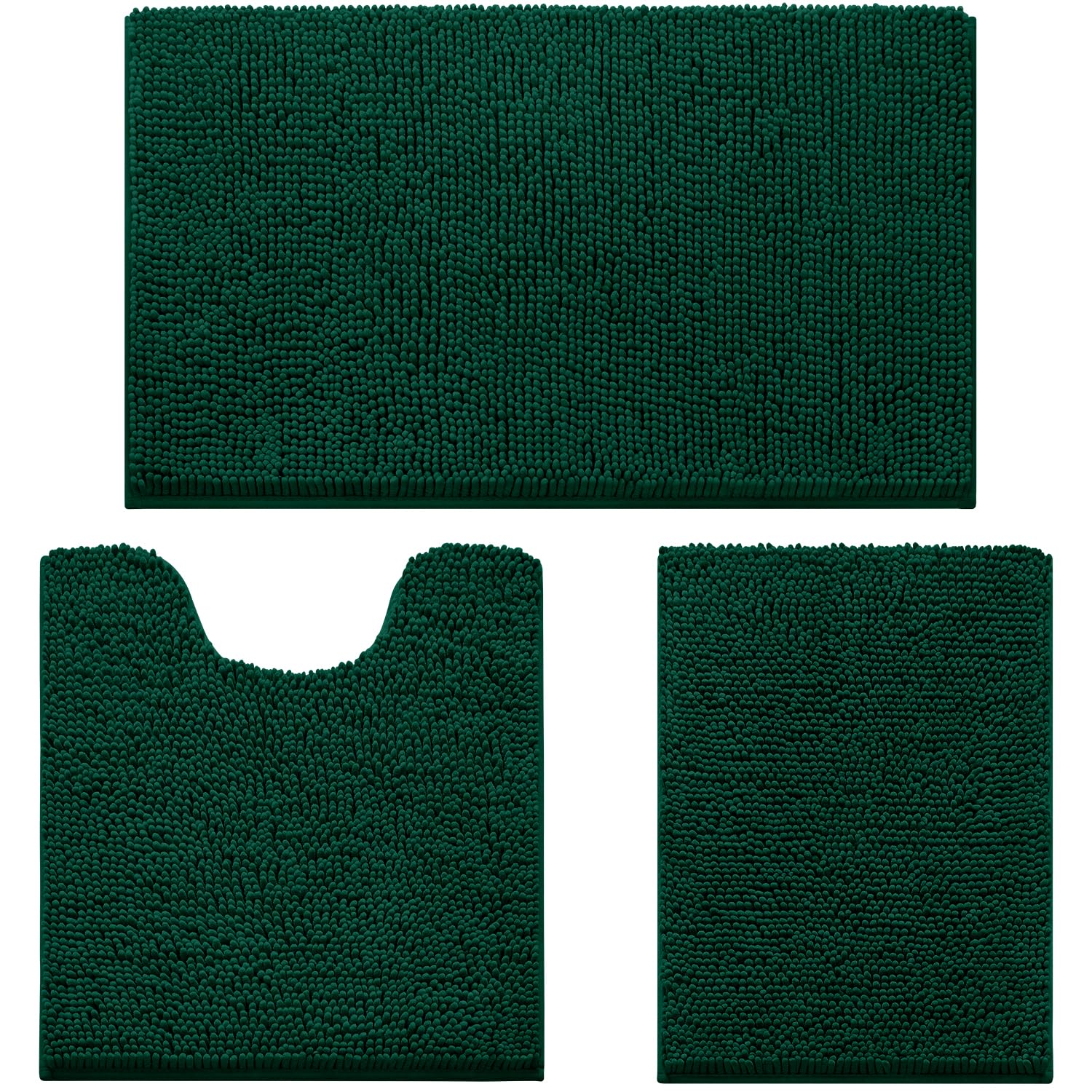 Homeideas 3 Pieces Bathroom Rugs, Ultra Soft Non Slip Absorbent Chenille Toilet Bath Mat Set (Dark Green)