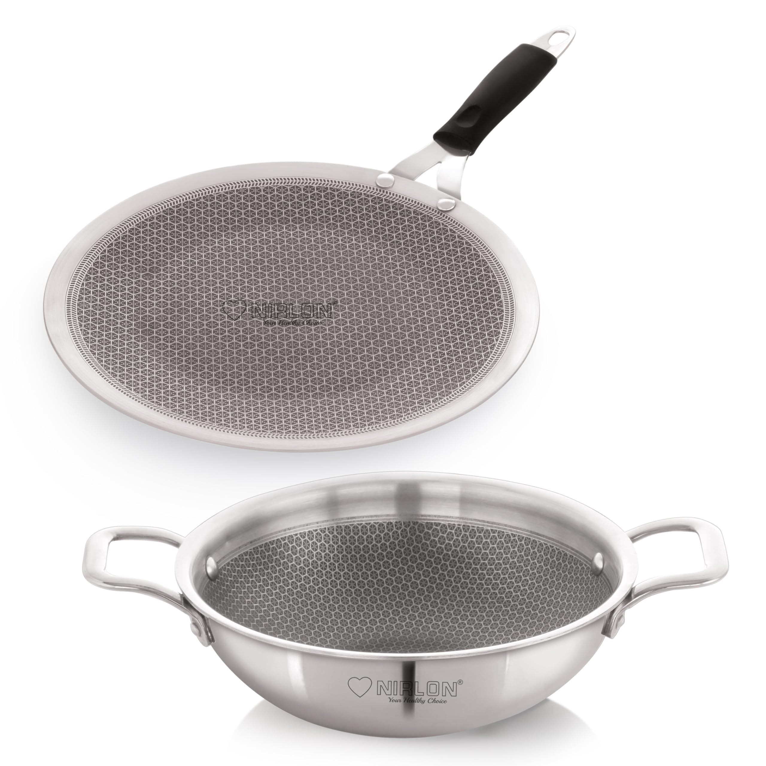 Nirlon Prima Honeycomb Stick Free Triply Stainless Steel Cookware Combo Set Of 2Pc |Concave Tawa 28Cm/Deep Kadai 20Cm-1.6Ltr|Ind