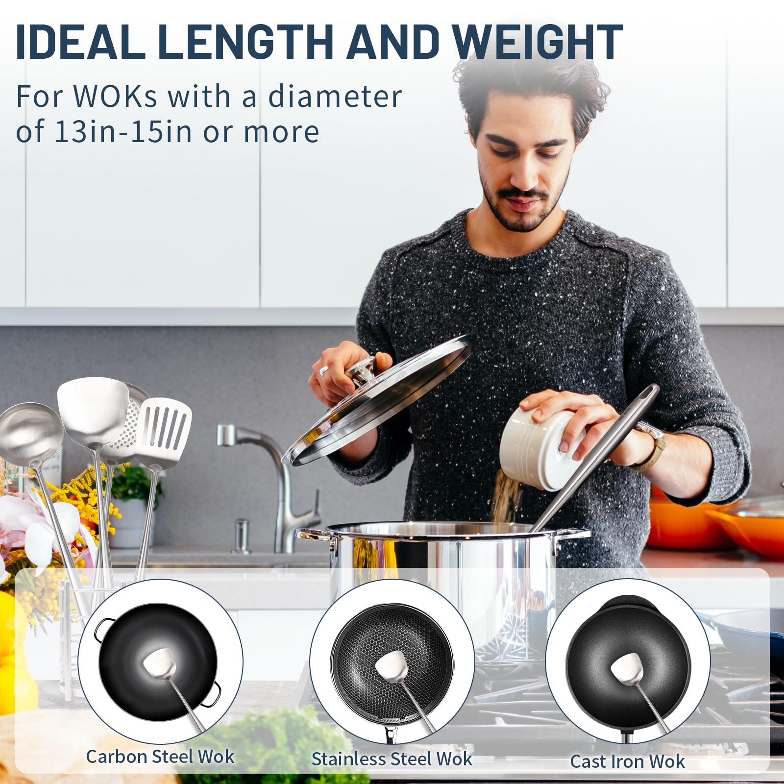 Wok Spatula And Ladle Tools Set,17 Long Handle 304 Stainless Steel Wok Spatula And Ladle Set For Wok Cooking,Heat Resistant Wok