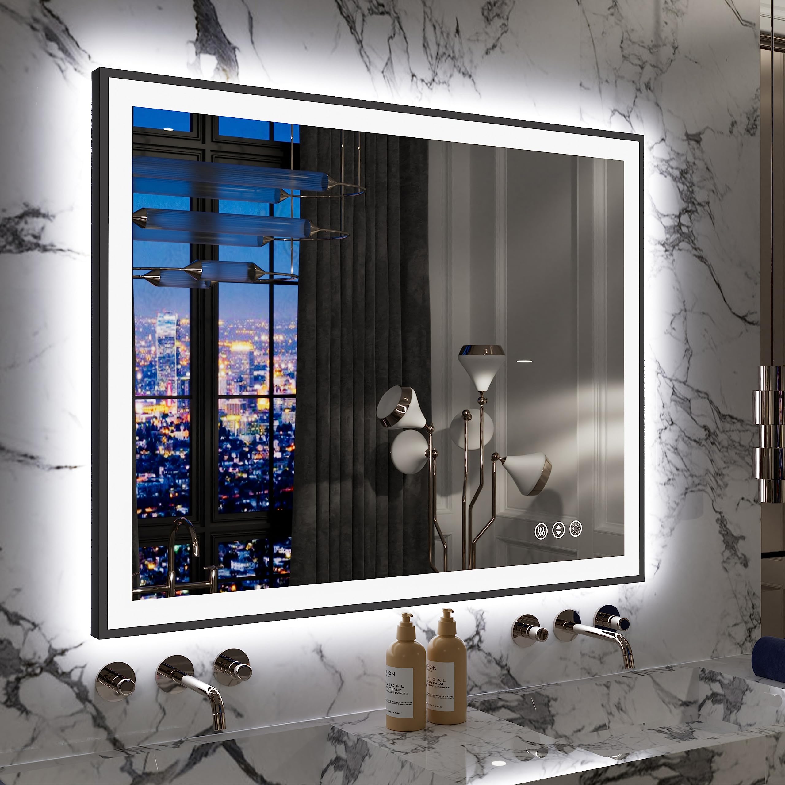 Yamazakura Lighted Bathroom Mirror 40X32 Backlit And Front Light Led Wall-Mounted Vanity Mirror Modern Rectangle Black Mirror (H
