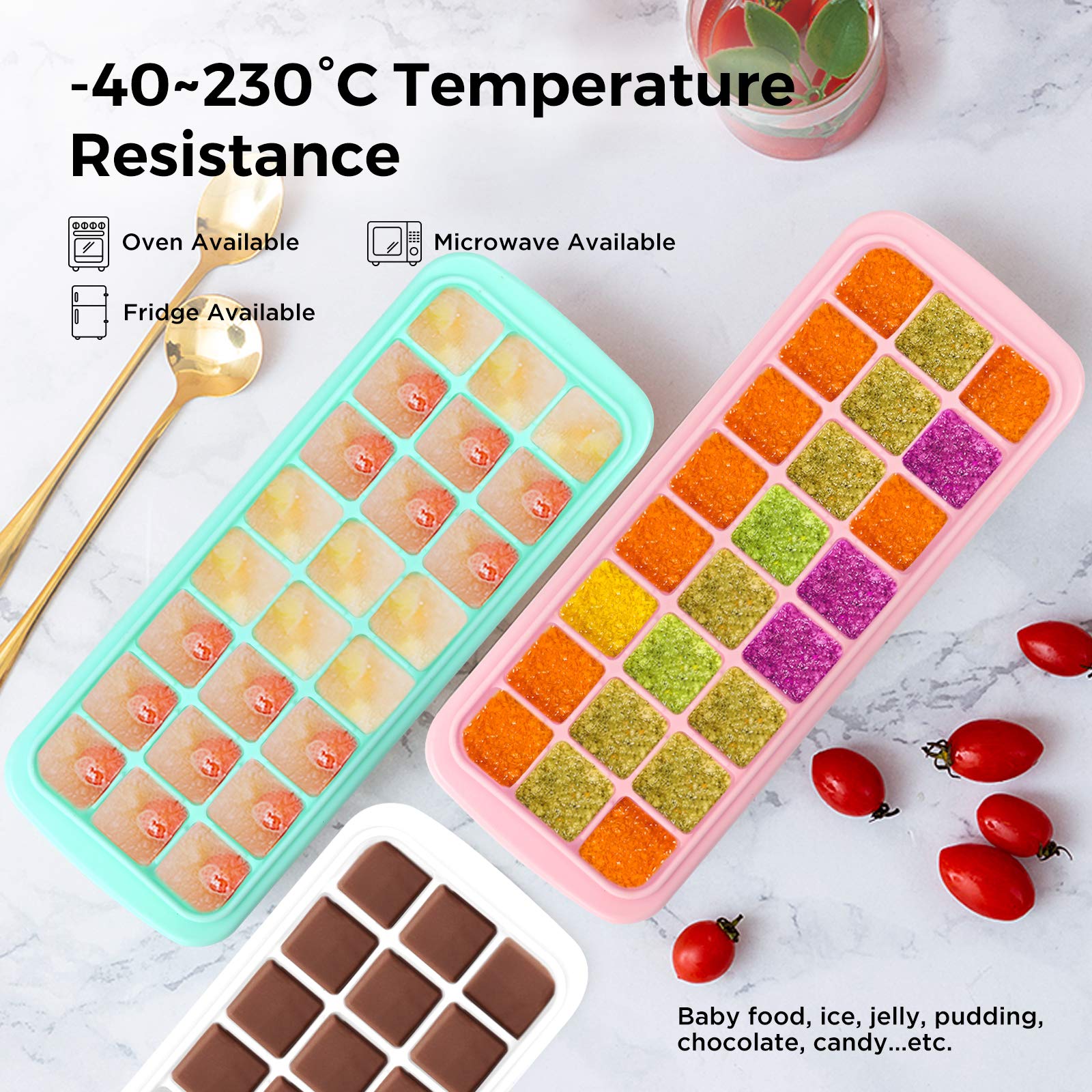 Humbee Ice Cube Tray, Soft Silicone Ice Tray With Pp Lid, Flexible Ice Cube Trays For Freezer (24 Cubes, Blue)