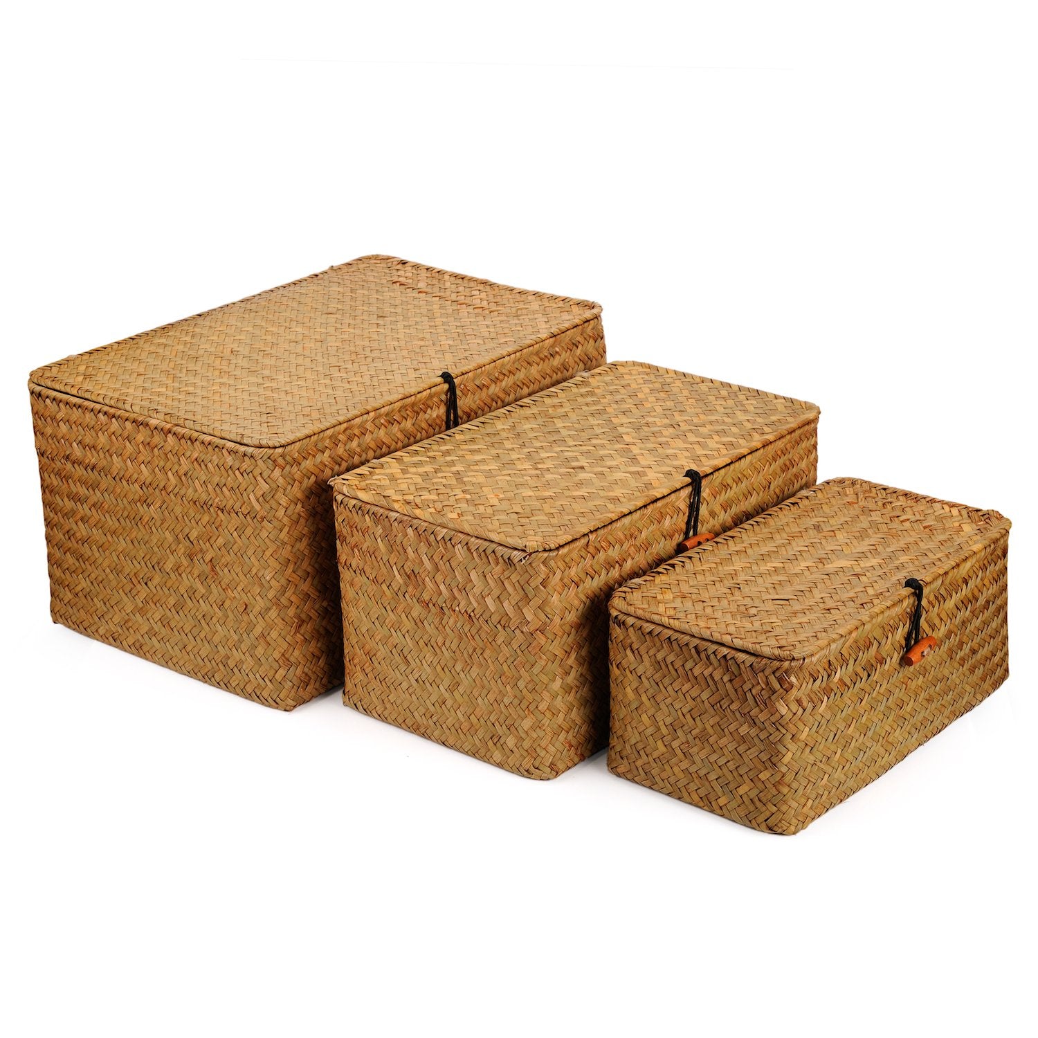 Dokot Woven Wicker Storage Bins With Lid, Seagrass Basket For Shelf Organizer, Extra Large, Set Of 3