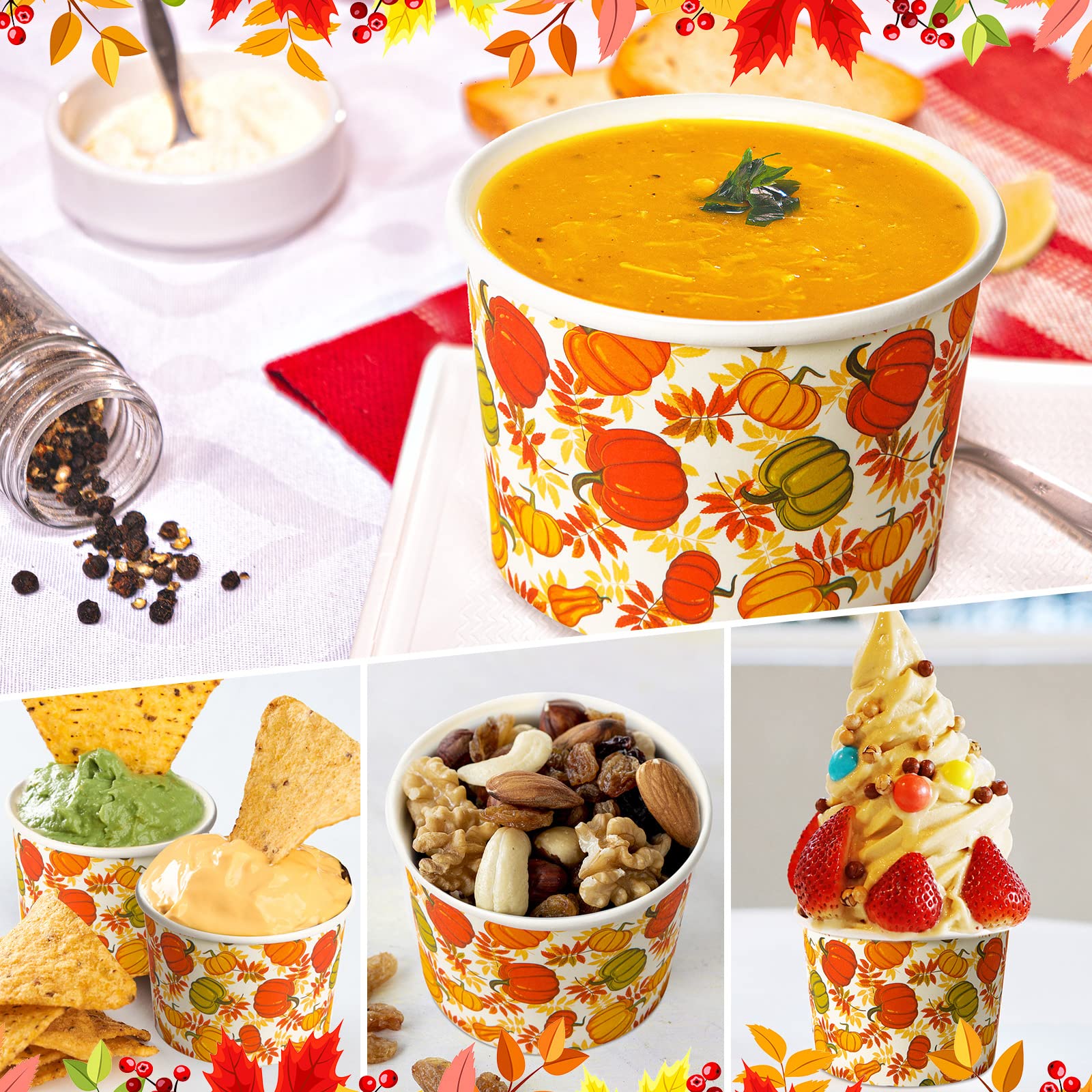 Potchen 50 Pack 9 oz Fall Soup Bowls Disposable Paper Cups Fall Themed Disposable Dessert Bowls Pumpkin Paper Snack Cups for Hot